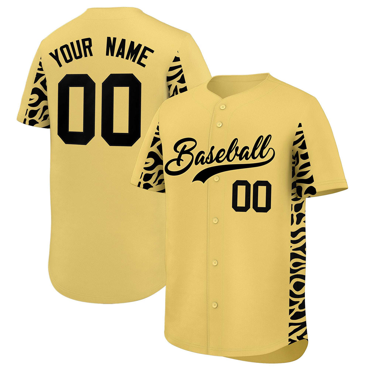 Custom Khaki Black Personalized Leopard Graffiti Pattern Side Design Authentic Baseball Jersey