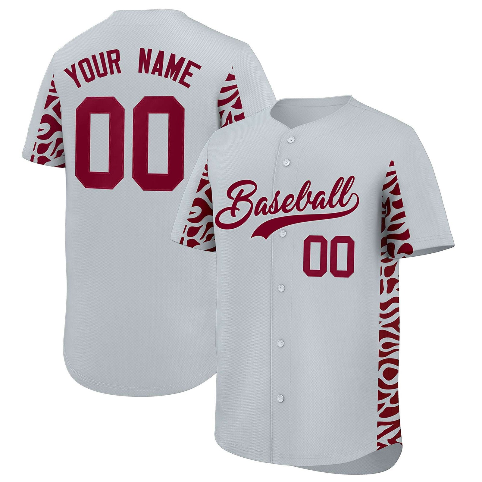 Custom Silver Crimson Personalized Leopard Graffiti Pattern Side Design Authentic Baseball Jersey