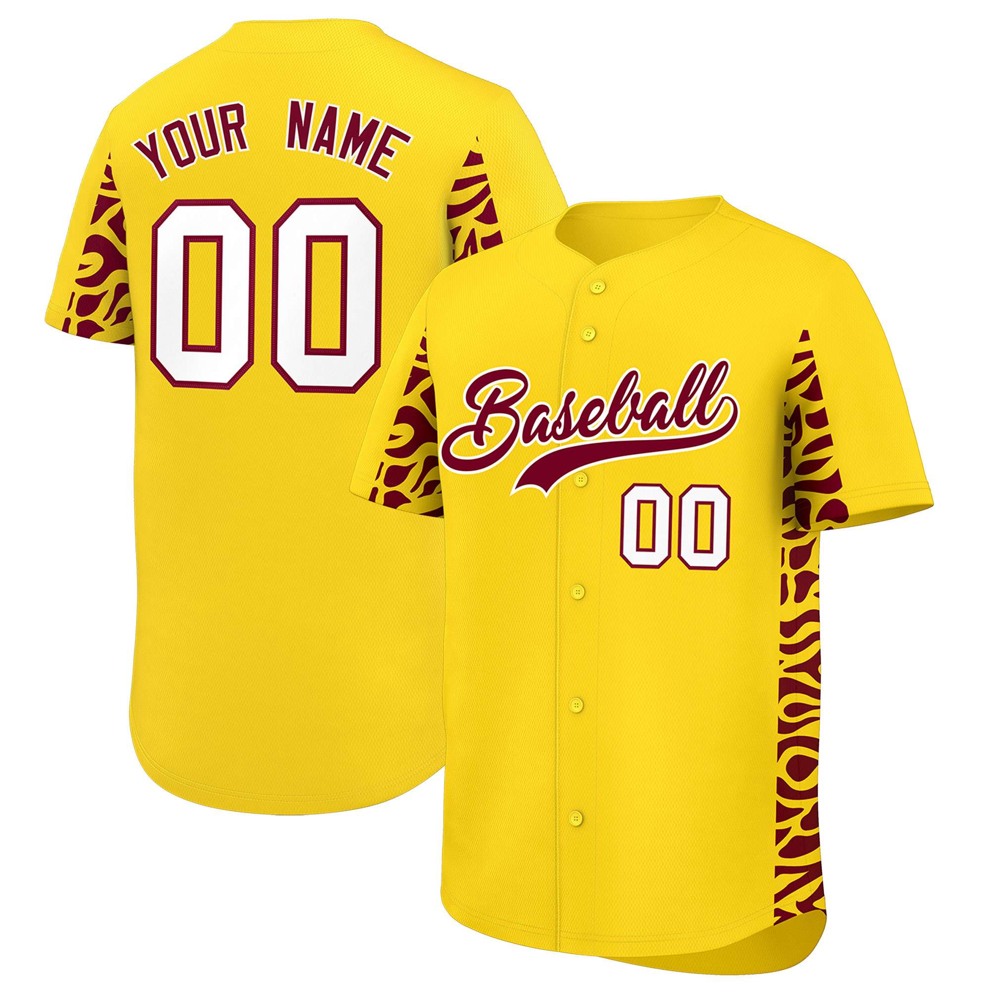 Custom Gold Crimson Personalized Leopard Graffiti Pattern Side Design Authentic Baseball Jersey