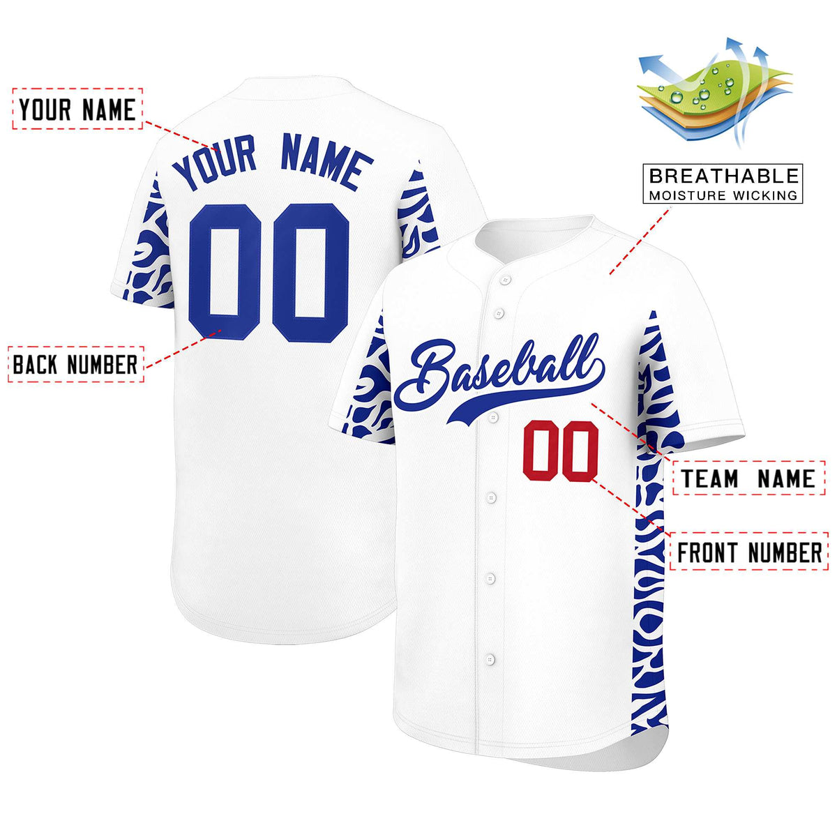 Custom White Royal Personalized Leopard Graffiti Pattern Side Design Authentic Baseball Jersey