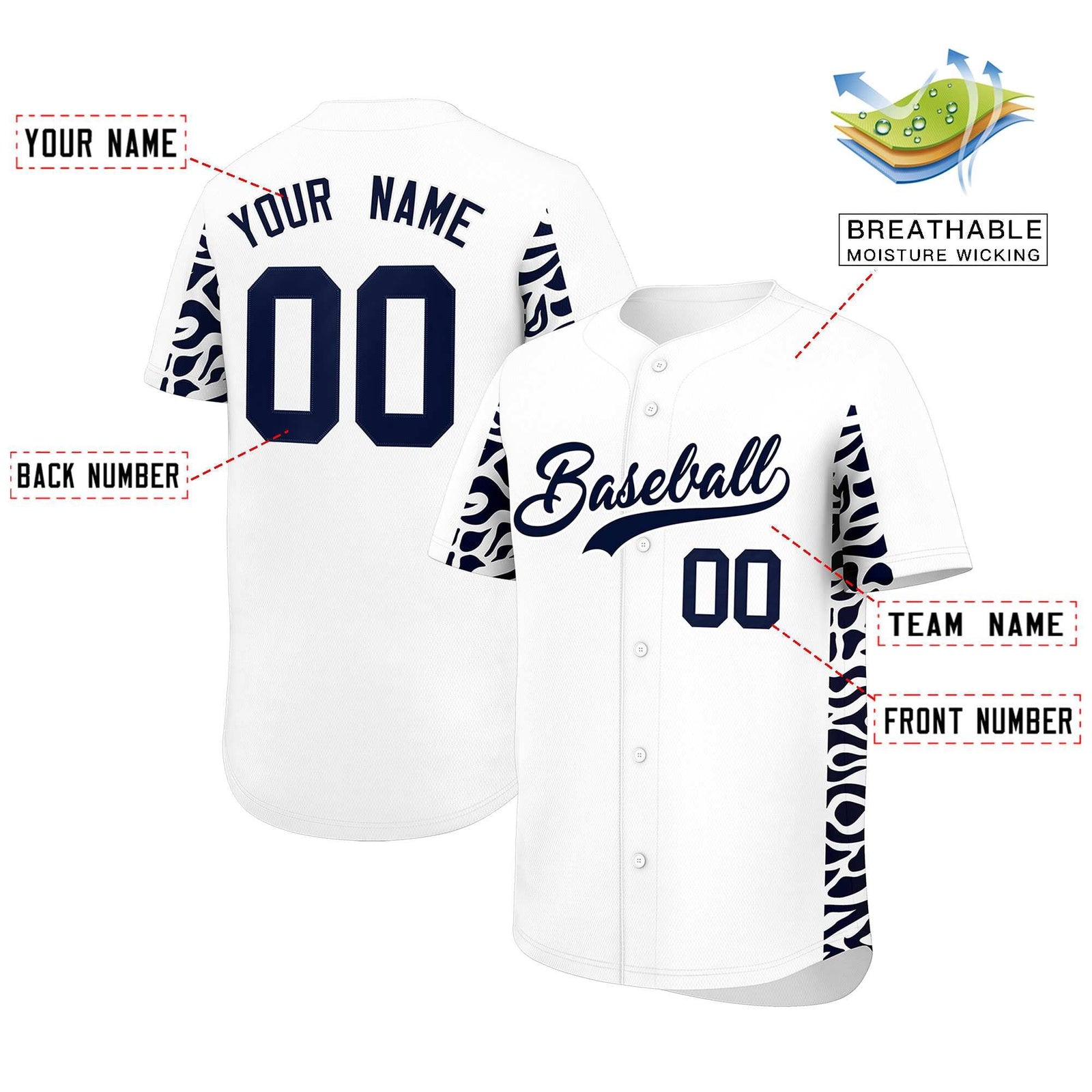 Custom White Navy Personalized Leopard Graffiti Pattern Side Design Authentic Baseball Jersey