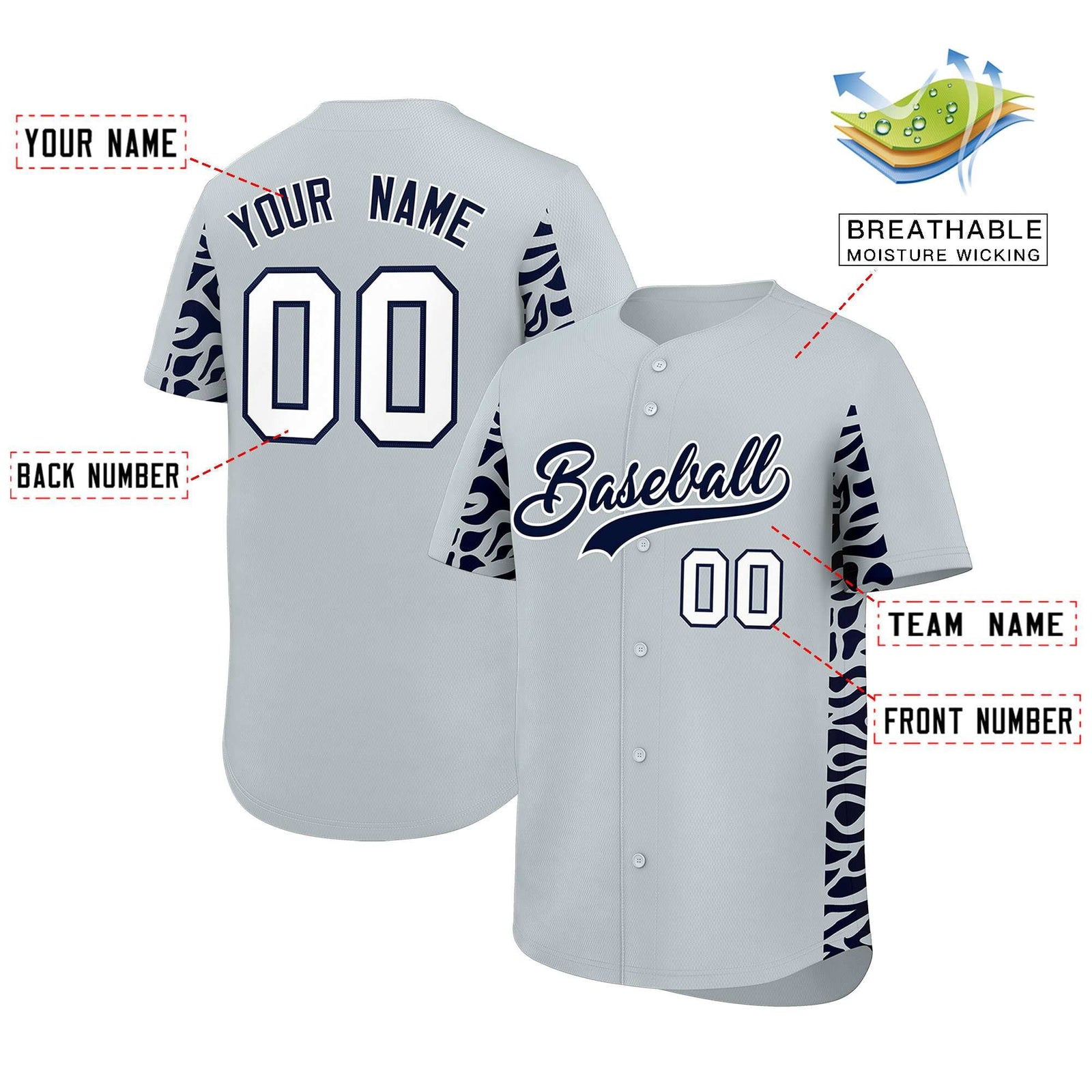 Custom Silver Navy Personalized Leopard Graffiti Pattern Side Design Authentic Baseball Jersey