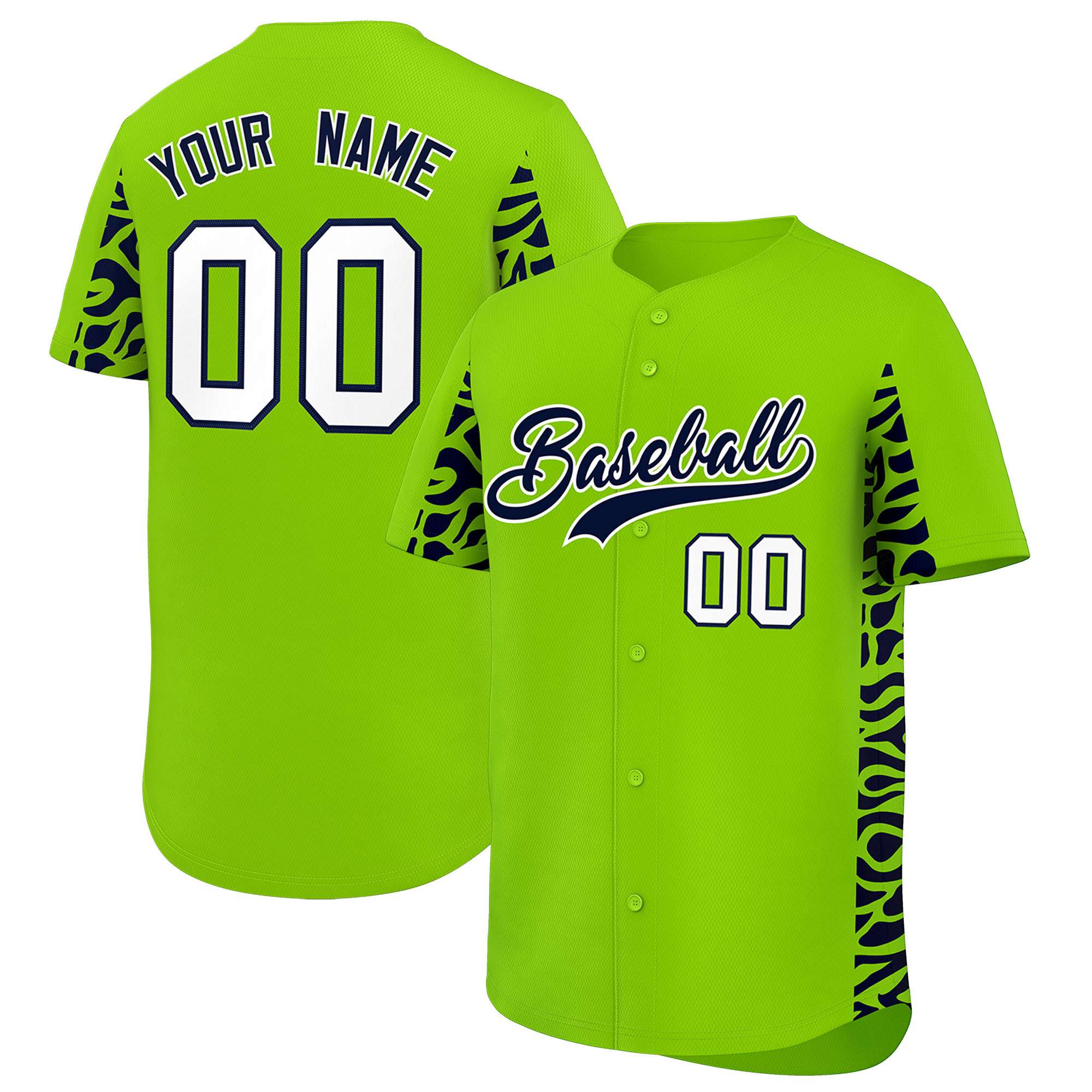 Custom Neon Green Navy Personalized Leopard Graffiti Pattern Side Design Authentic Baseball Jersey