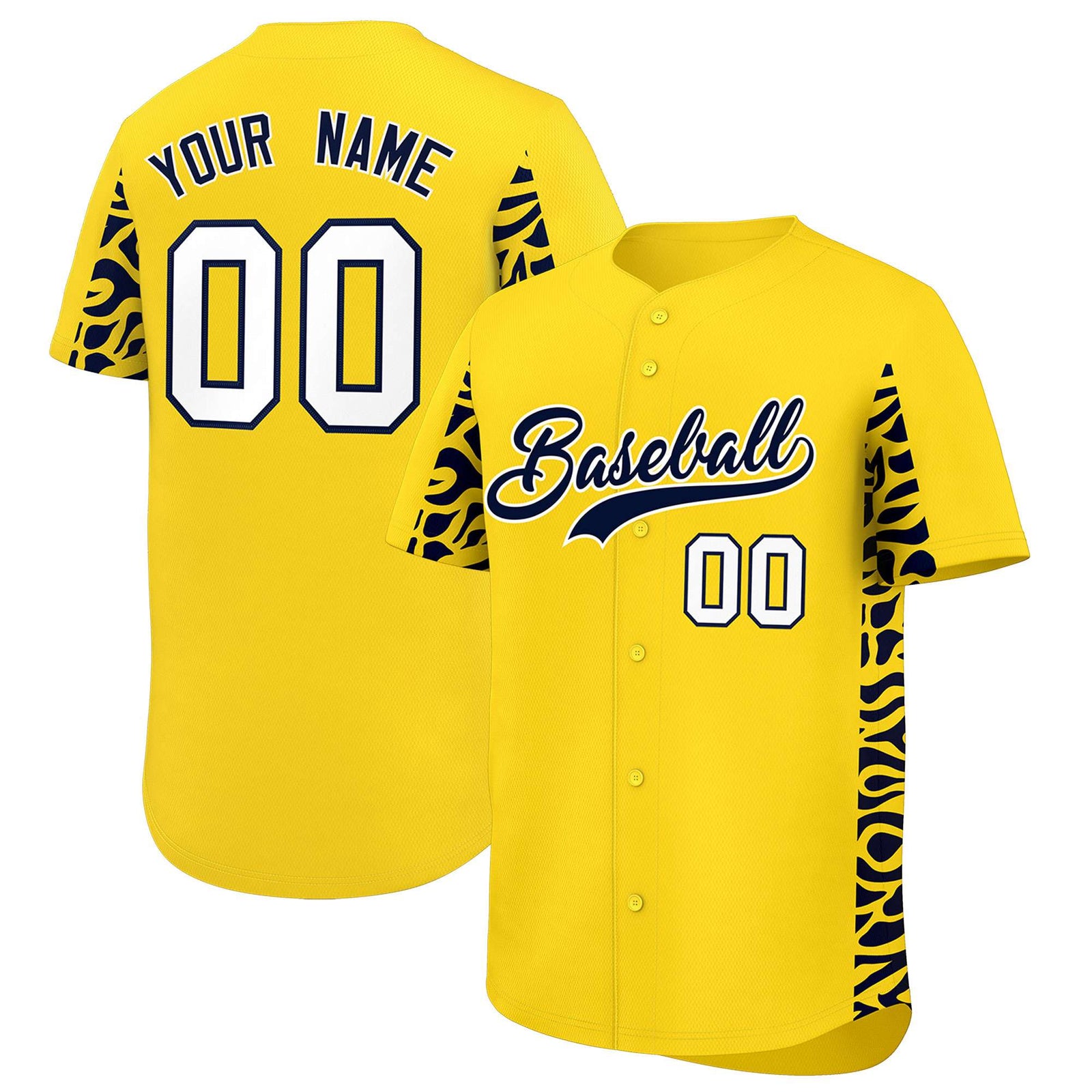 Custom Gold Navy Personalized Leopard Graffiti Pattern Side Design Authentic Baseball Jersey