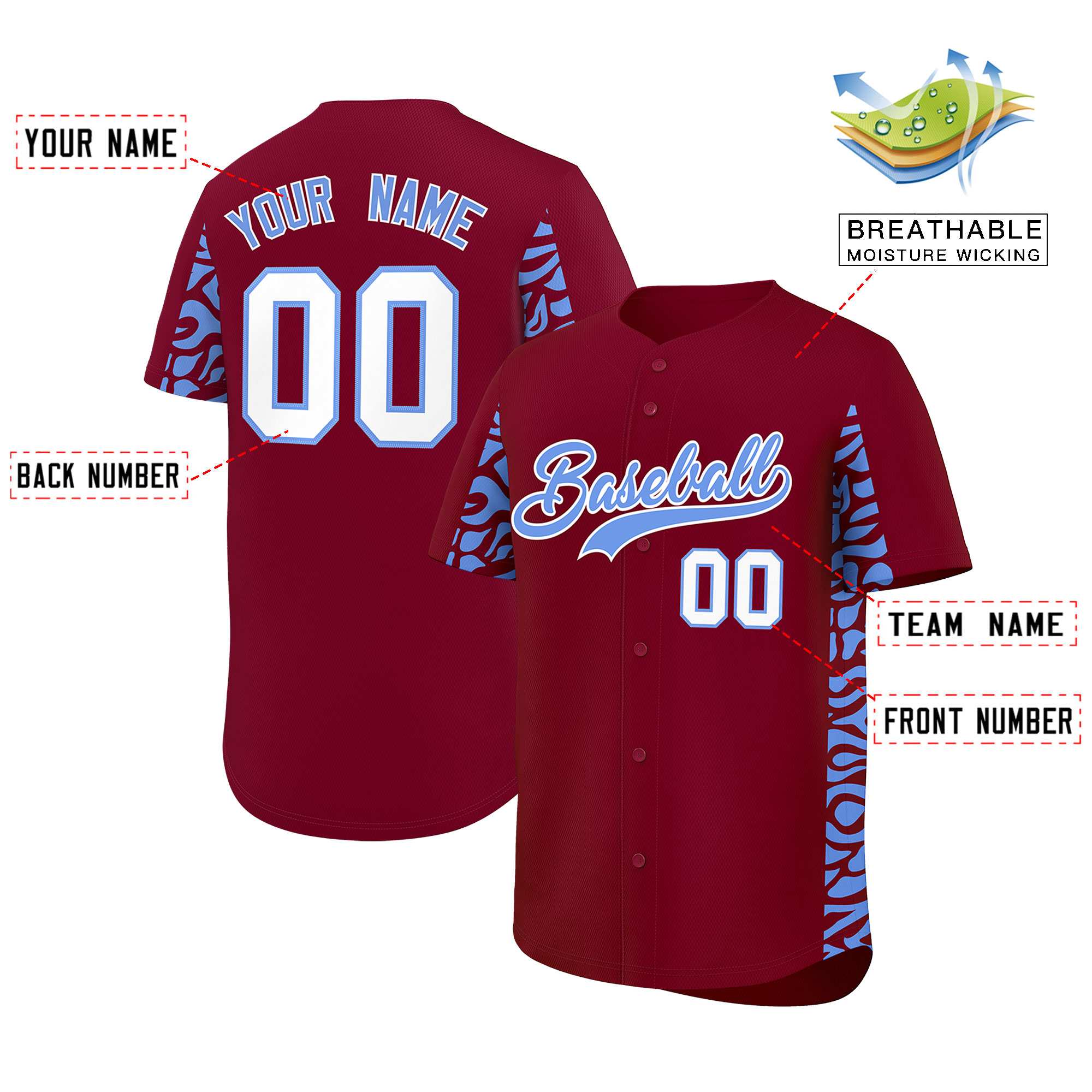 Custom Crimson Powder Blue Personalized Leopard Graffiti Pattern Side Design Authentic Baseball Jersey