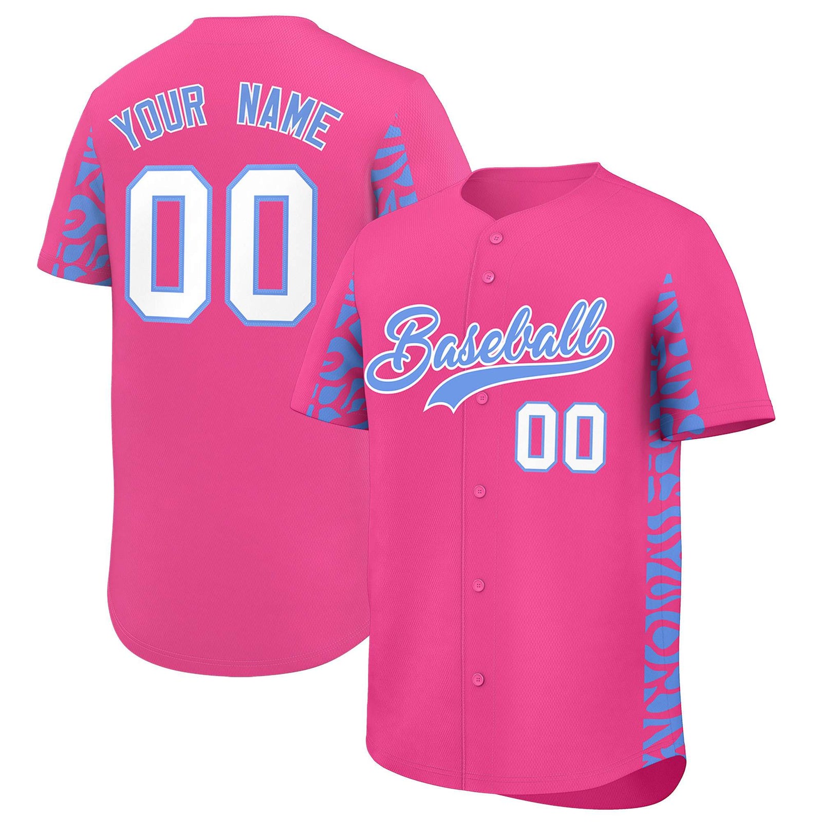 Custom Pink Powder Blue Personalized Leopard Graffiti Pattern Side Design Authentic Baseball Jersey