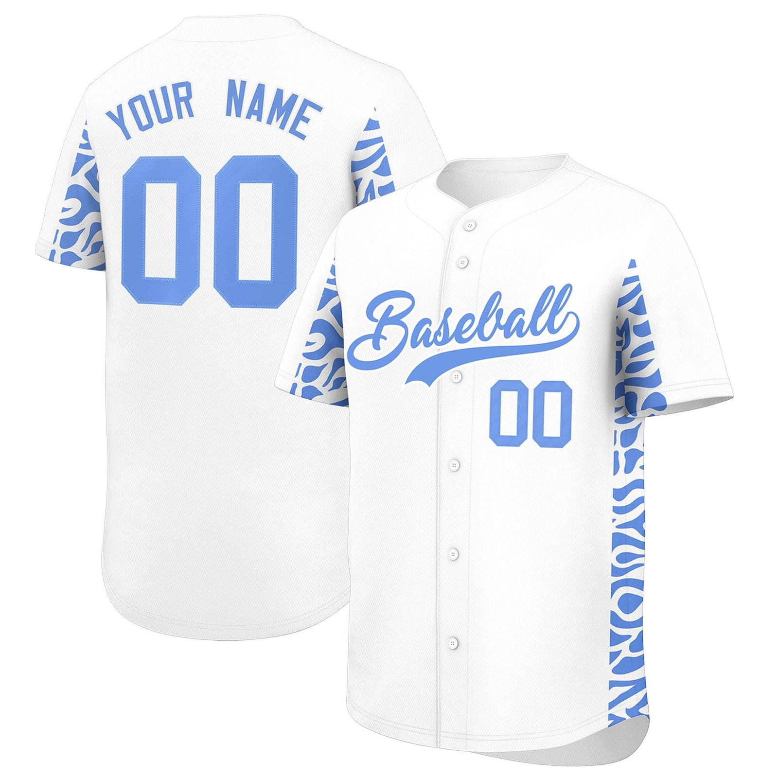 Custom White Powder Blue Personalized Leopard Graffiti Pattern Side Design Authentic Baseball Jersey