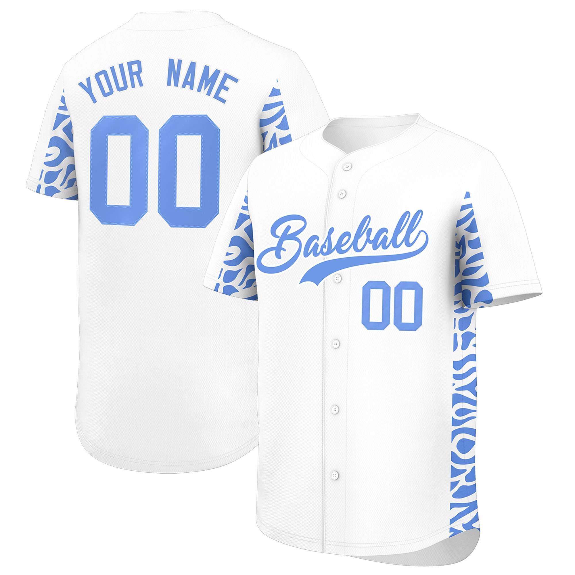 Custom White Powder Blue Personalized Leopard Graffiti Pattern Side Design Authentic Baseball Jersey