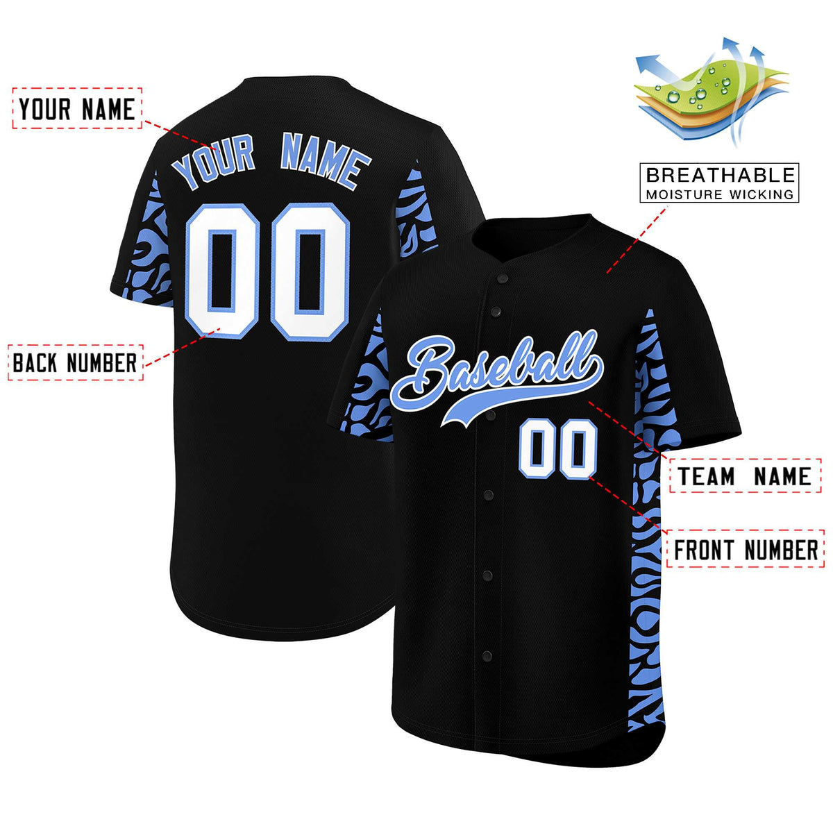 Custom Black Powder Blue Personalized Leopard Graffiti Pattern Side Design Authentic Baseball Jersey