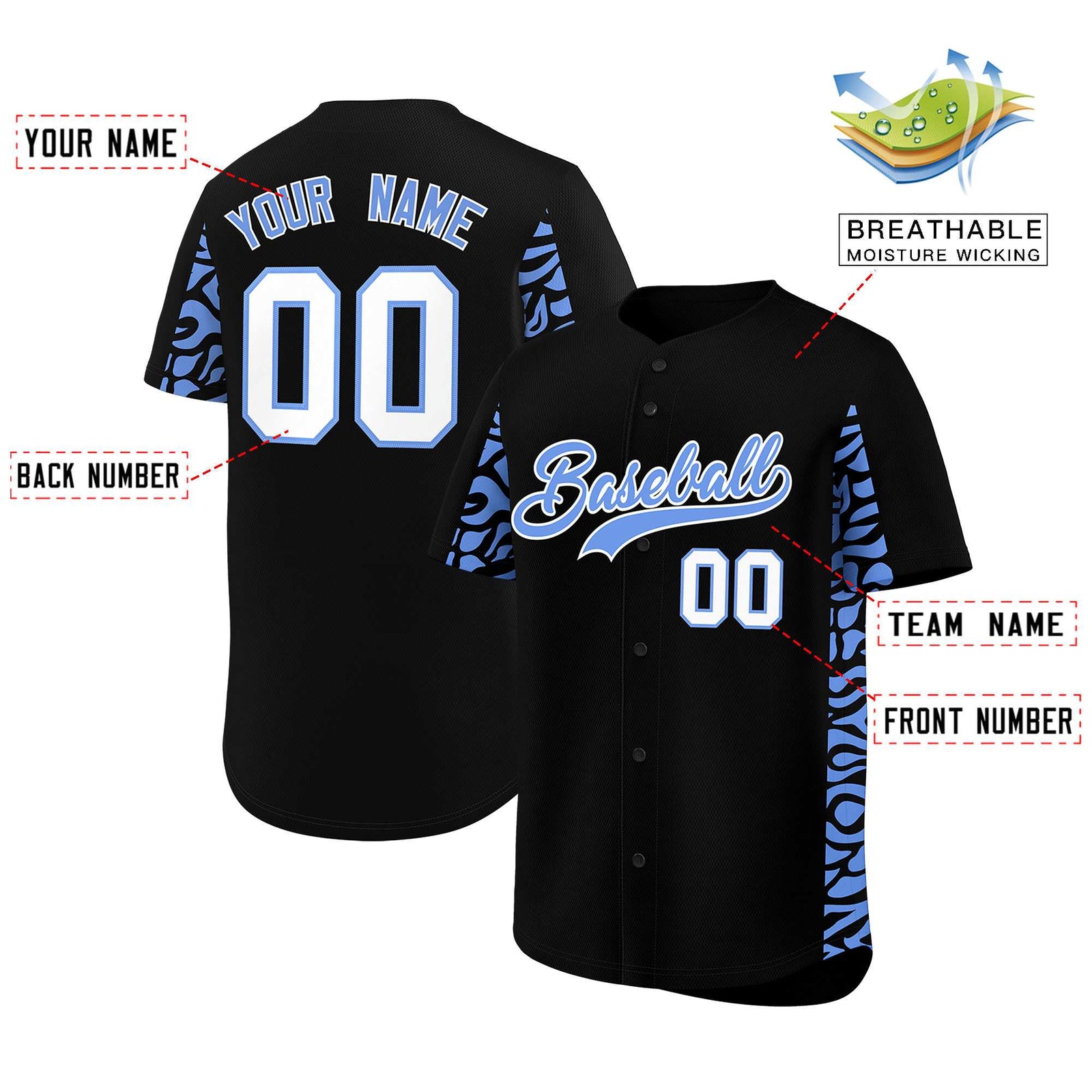 Custom Black Powder Blue Personalized Leopard Graffiti Pattern Side Design Authentic Baseball Jersey