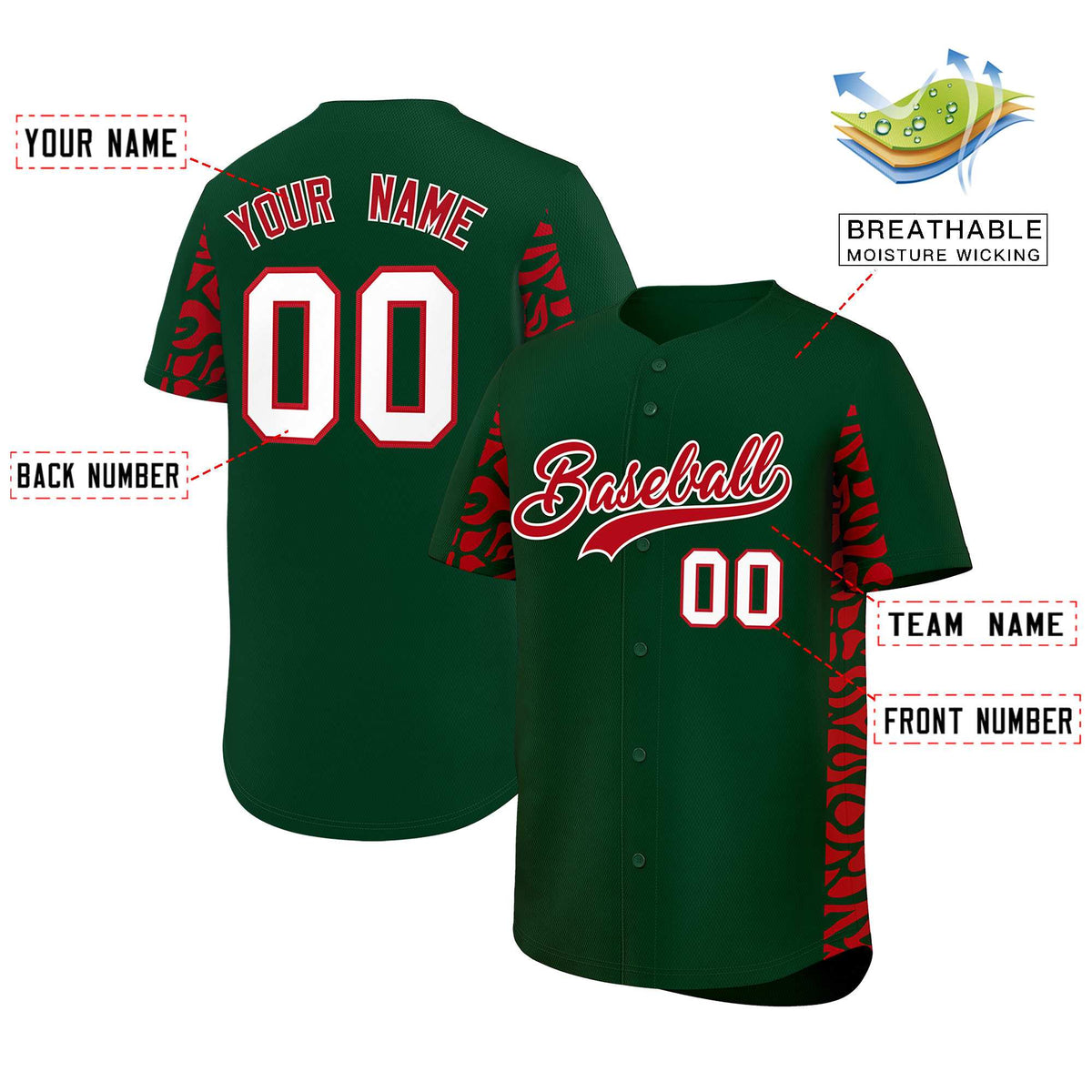 Custom Green Red Personalized Leopard Graffiti Pattern Side Design Authentic Baseball Jersey