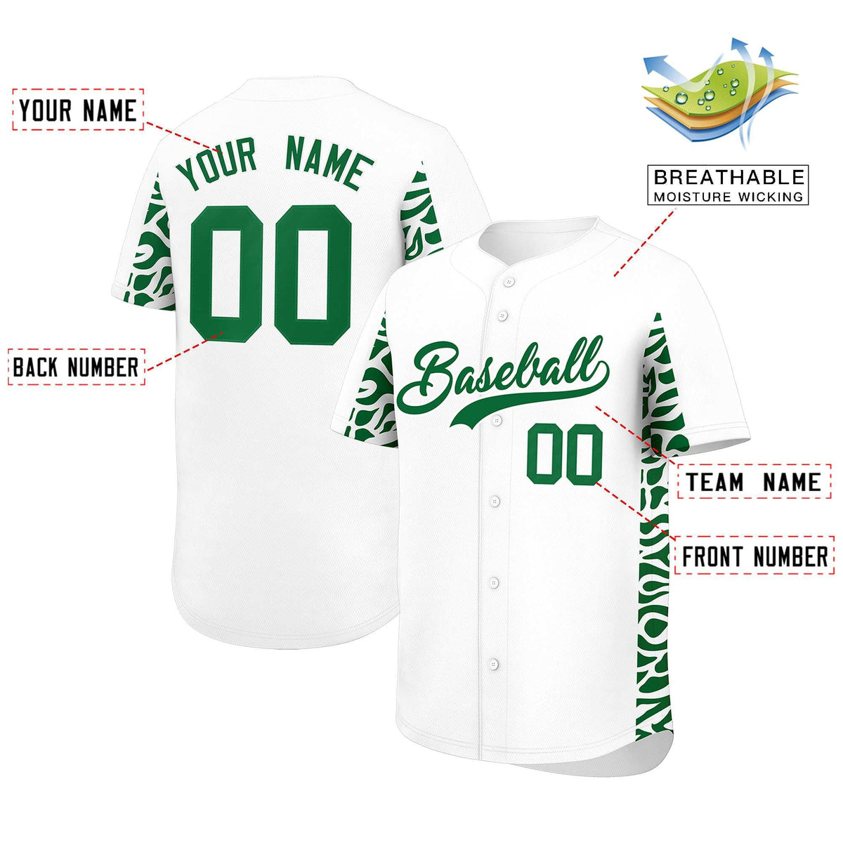 Custom White Kelly Green Personalized Leopard Graffiti Pattern Side Design Authentic Baseball Jersey