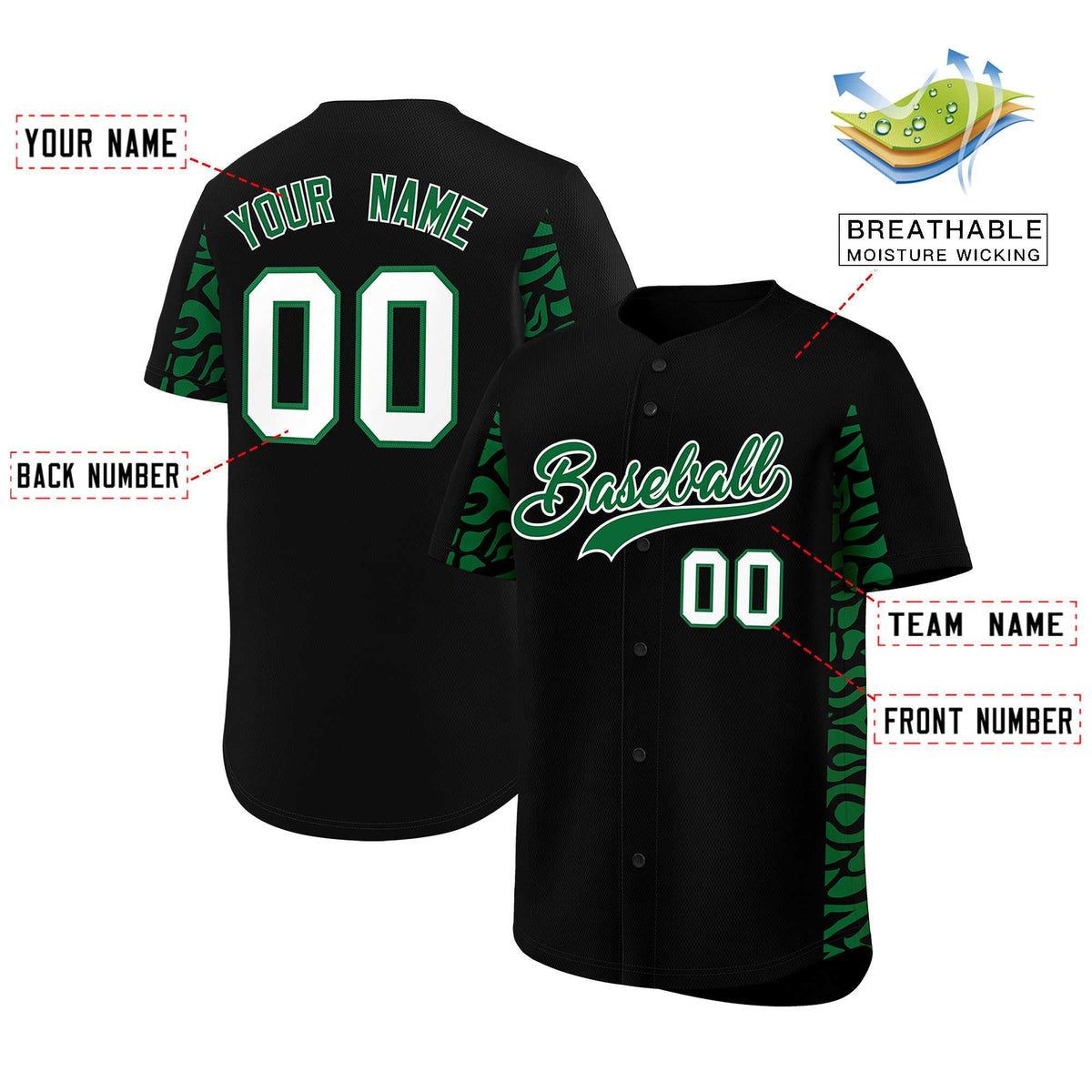 Custom Black Kelly Green Personalized Leopard Graffiti Pattern Side Design Authentic Baseball Jersey