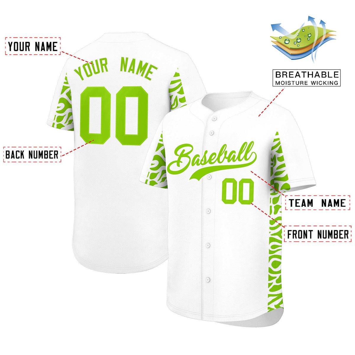 Custom White Neon Green Personalized Leopard Graffiti Pattern Side Design Authentic Baseball Jersey