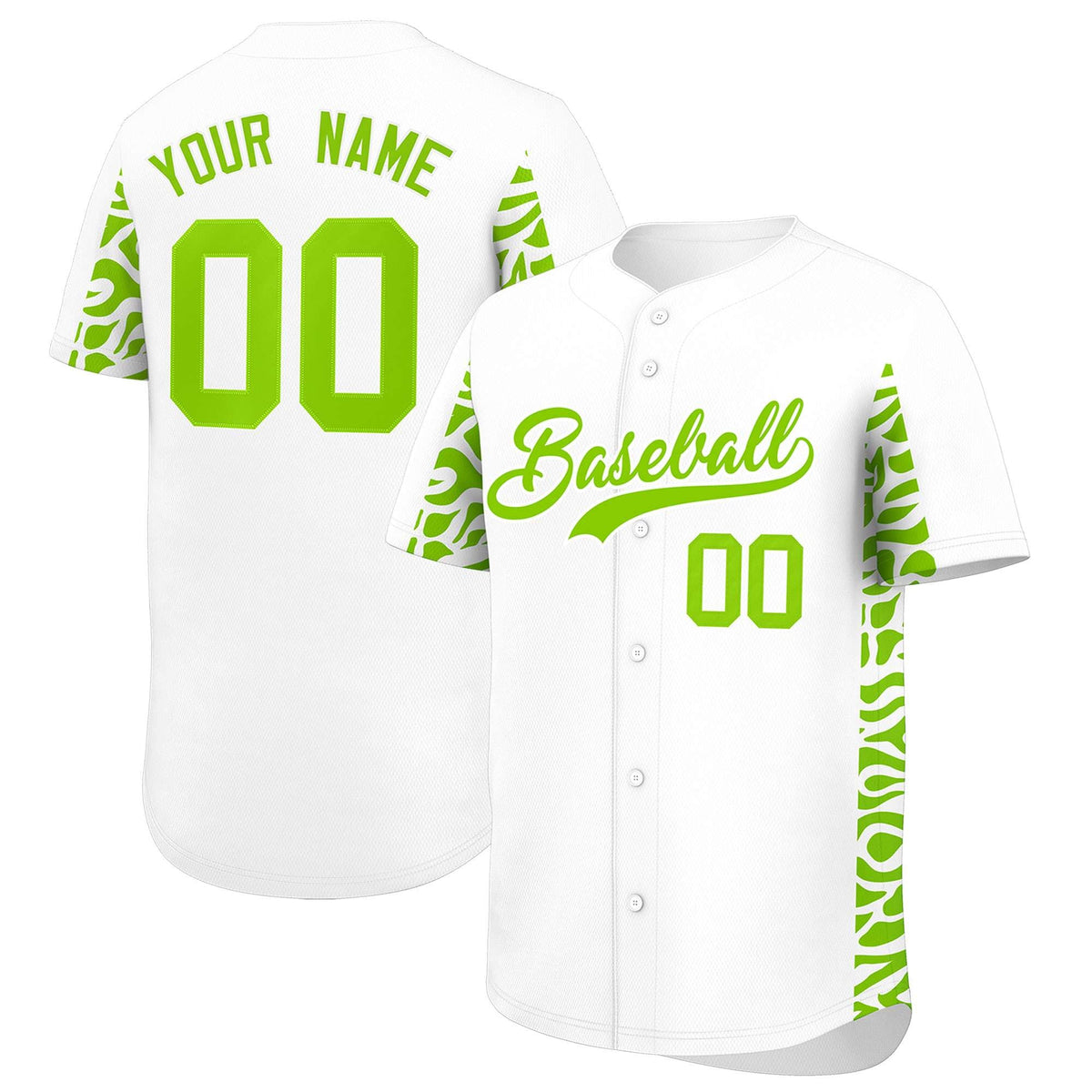 Custom White Neon Green Personalized Leopard Graffiti Pattern Side Design Authentic Baseball Jersey