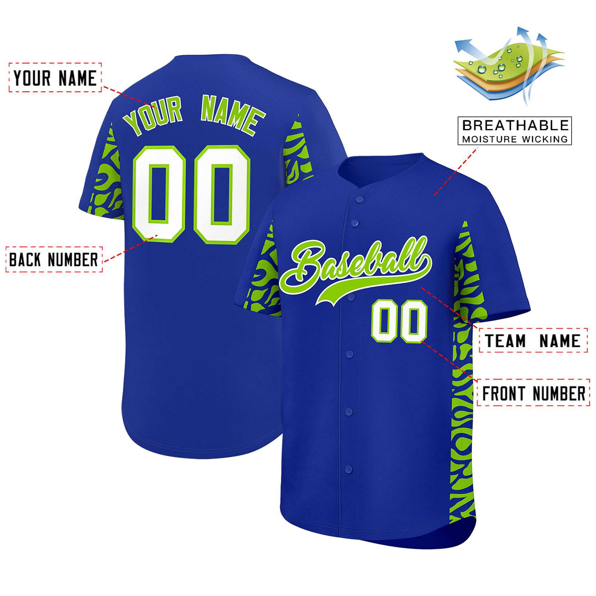 Custom Royal Neon Green Personalized Leopard Graffiti Pattern Side Design Authentic Baseball Jersey