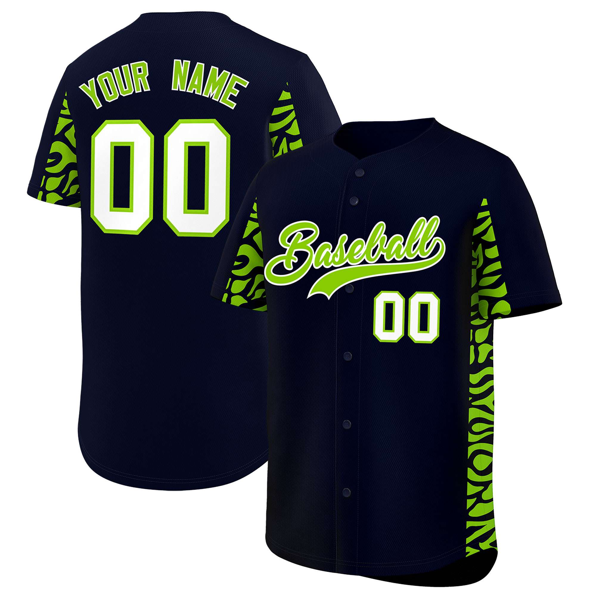 Custom Navy Neon Green Personalized Leopard Graffiti Pattern Side Design Authentic Baseball Jersey