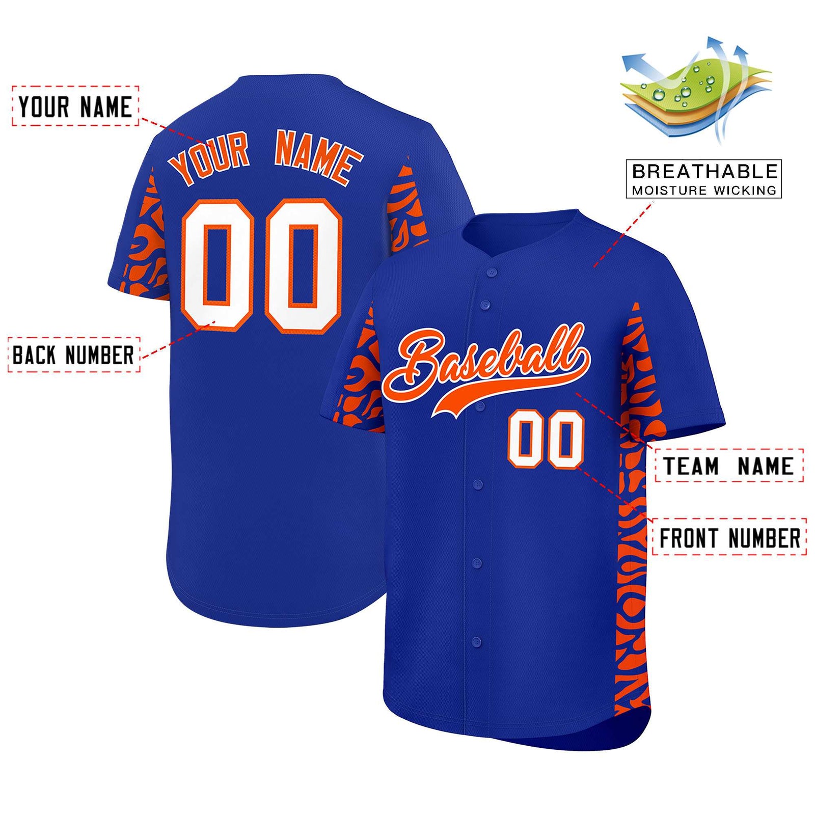 Custom Royal Orange Personalized Leopard Graffiti Pattern Side Design Authentic Baseball Jersey
