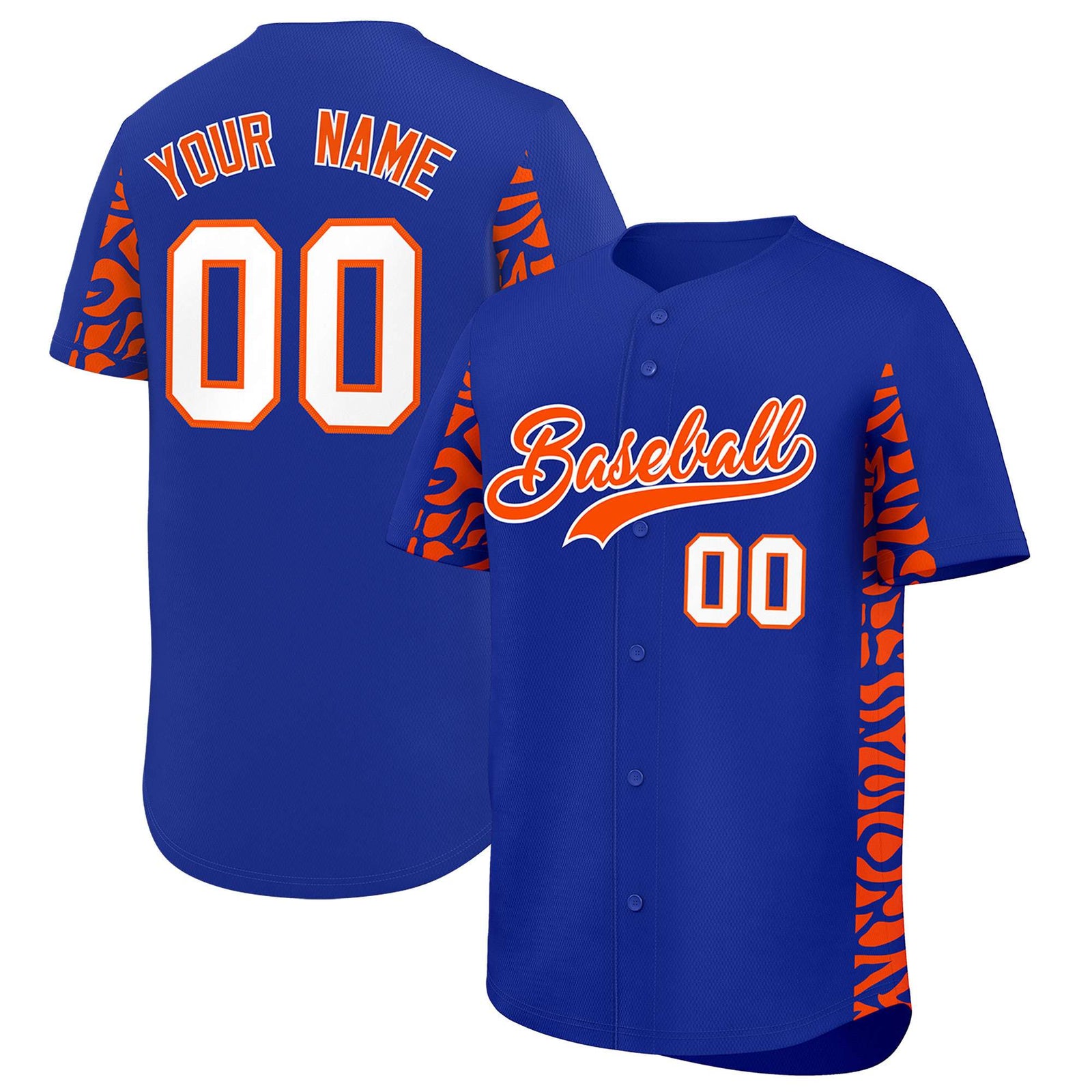 Custom Royal Orange Personalized Leopard Graffiti Pattern Side Design Authentic Baseball Jersey