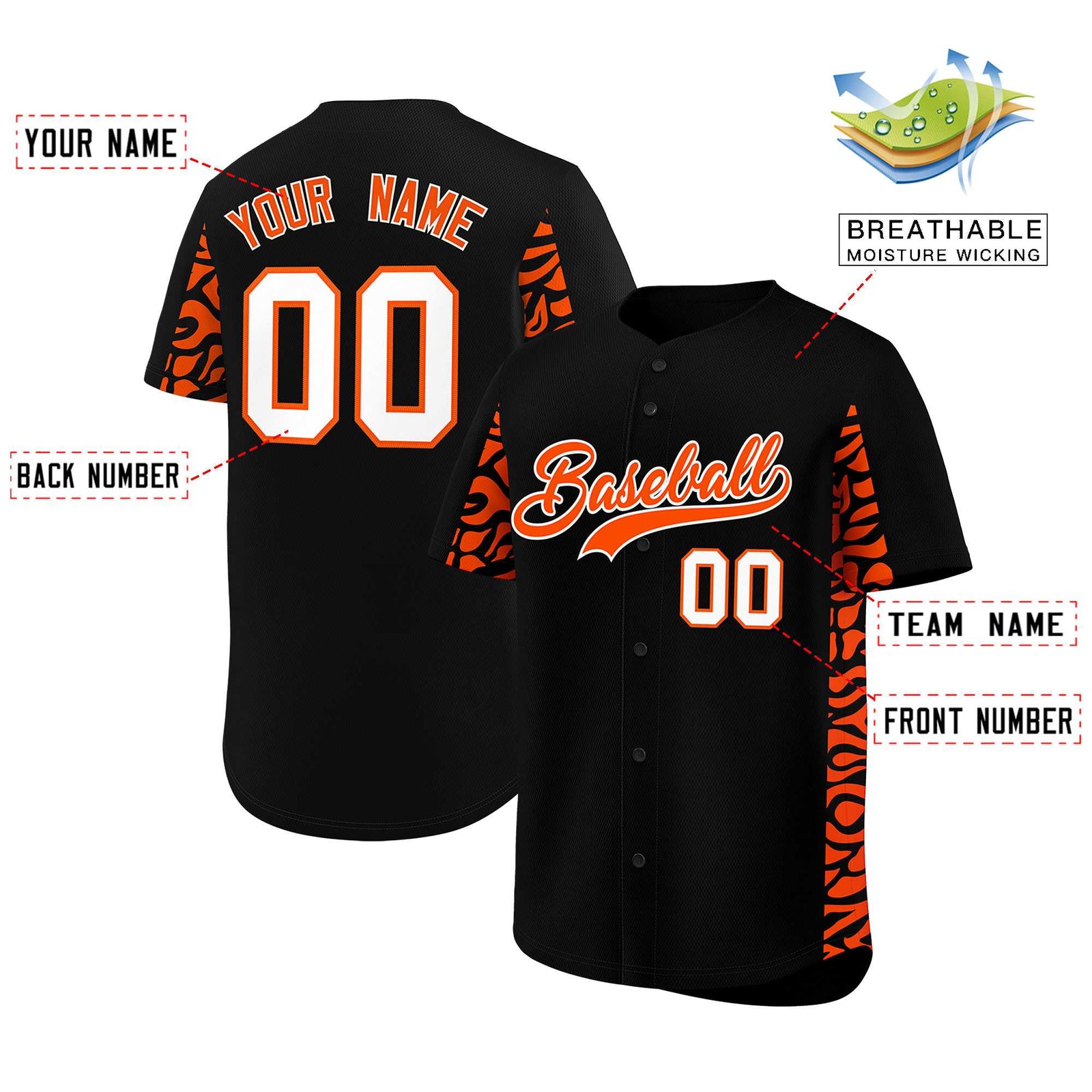 Custom Black Orange Personalized Leopard Graffiti Pattern Side Design Authentic Baseball Jersey