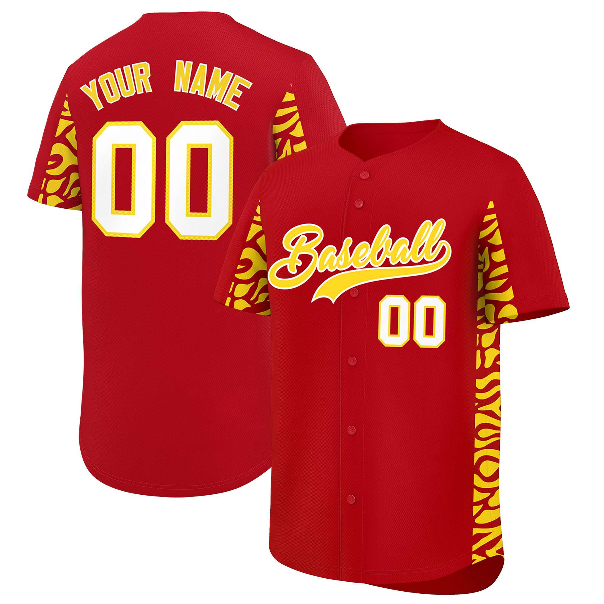 Custom Red Gold Personalized Leopard Graffiti Pattern Side Design Authentic Baseball Jersey