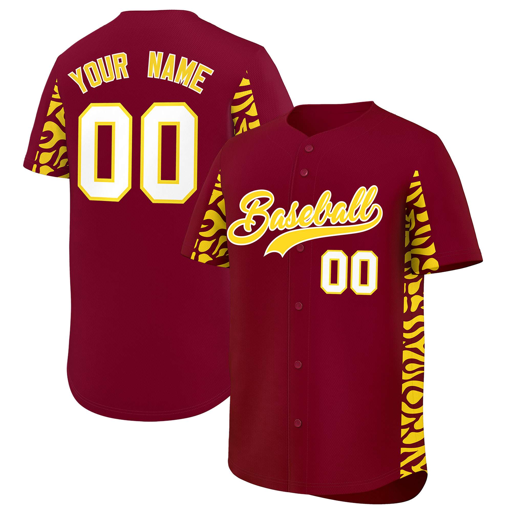 Custom Crimson Gold Personalized Leopard Graffiti Pattern Side Design Authentic Baseball Jersey
