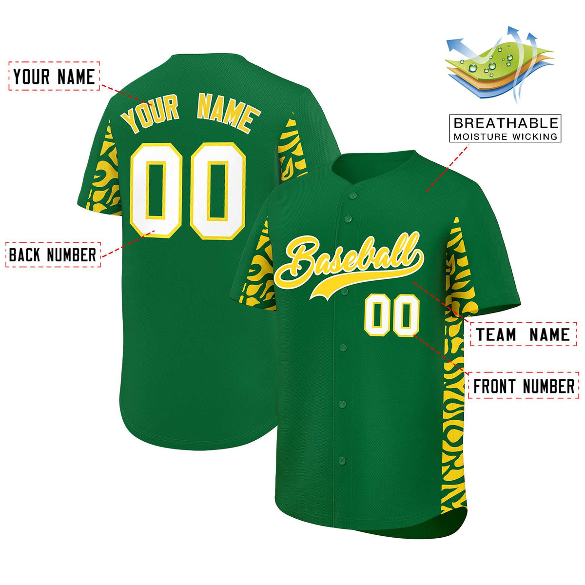 Custom Kelly Green Gold Personalized Leopard Graffiti Pattern Side Design Authentic Baseball Jersey