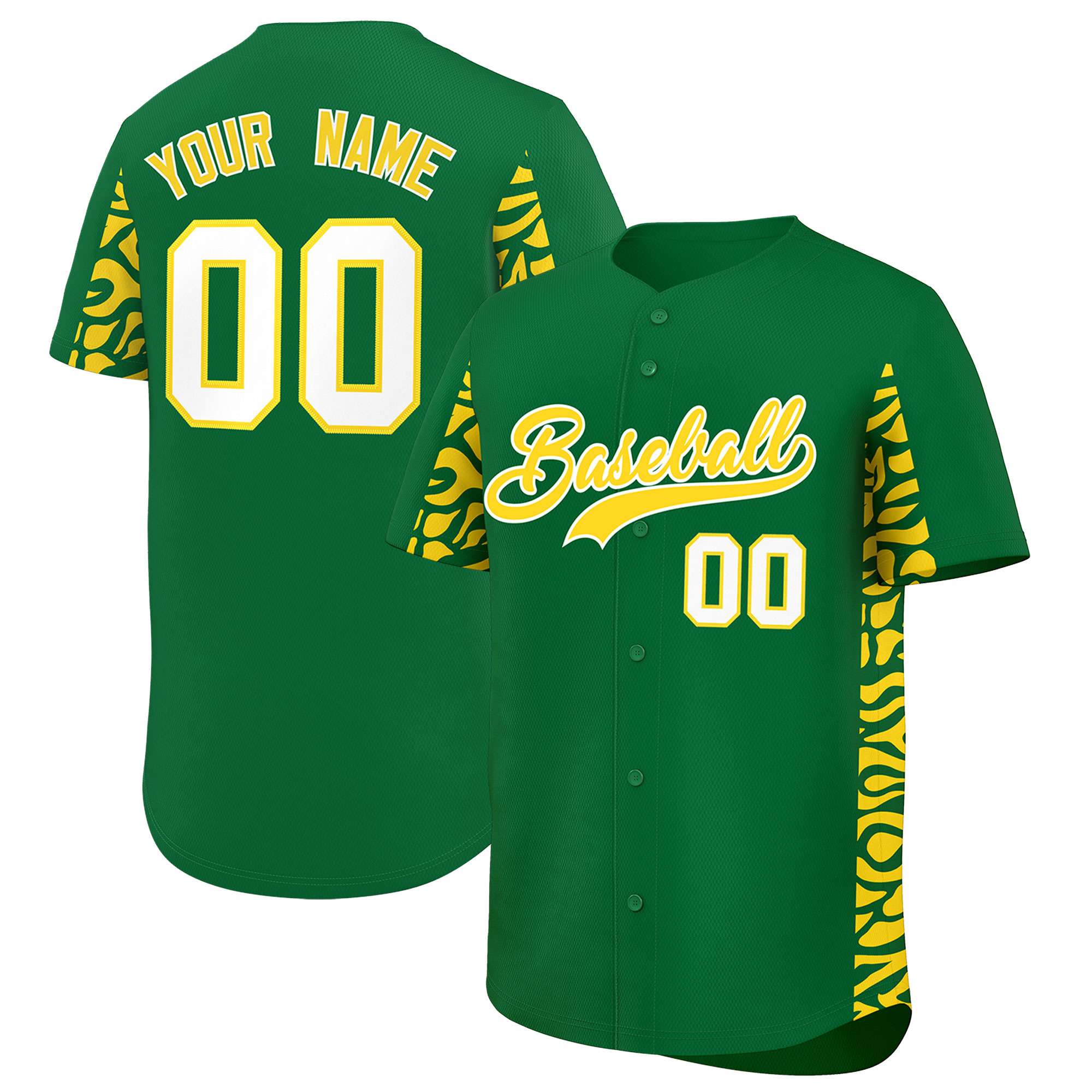 Custom Kelly Green Gold Personalized Leopard Graffiti Pattern Side Design Authentic Baseball Jersey