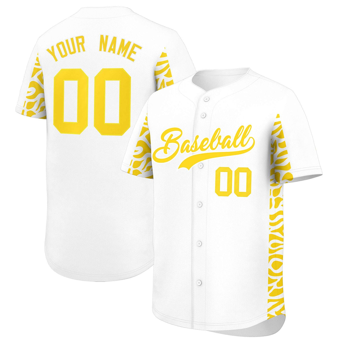 Custom White Gold Personalized Leopard Graffiti Pattern Side Design Authentic Baseball Jersey
