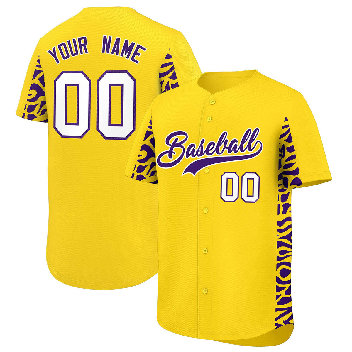 Custom Gold Purple Personalized Leopard Graffiti Pattern Side Design Authentic Baseball Jersey