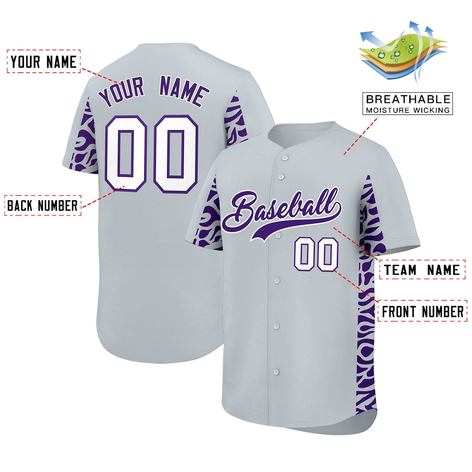 Custom Silver Purple Personalized Leopard Graffiti Pattern Side Design Authentic Baseball Jersey