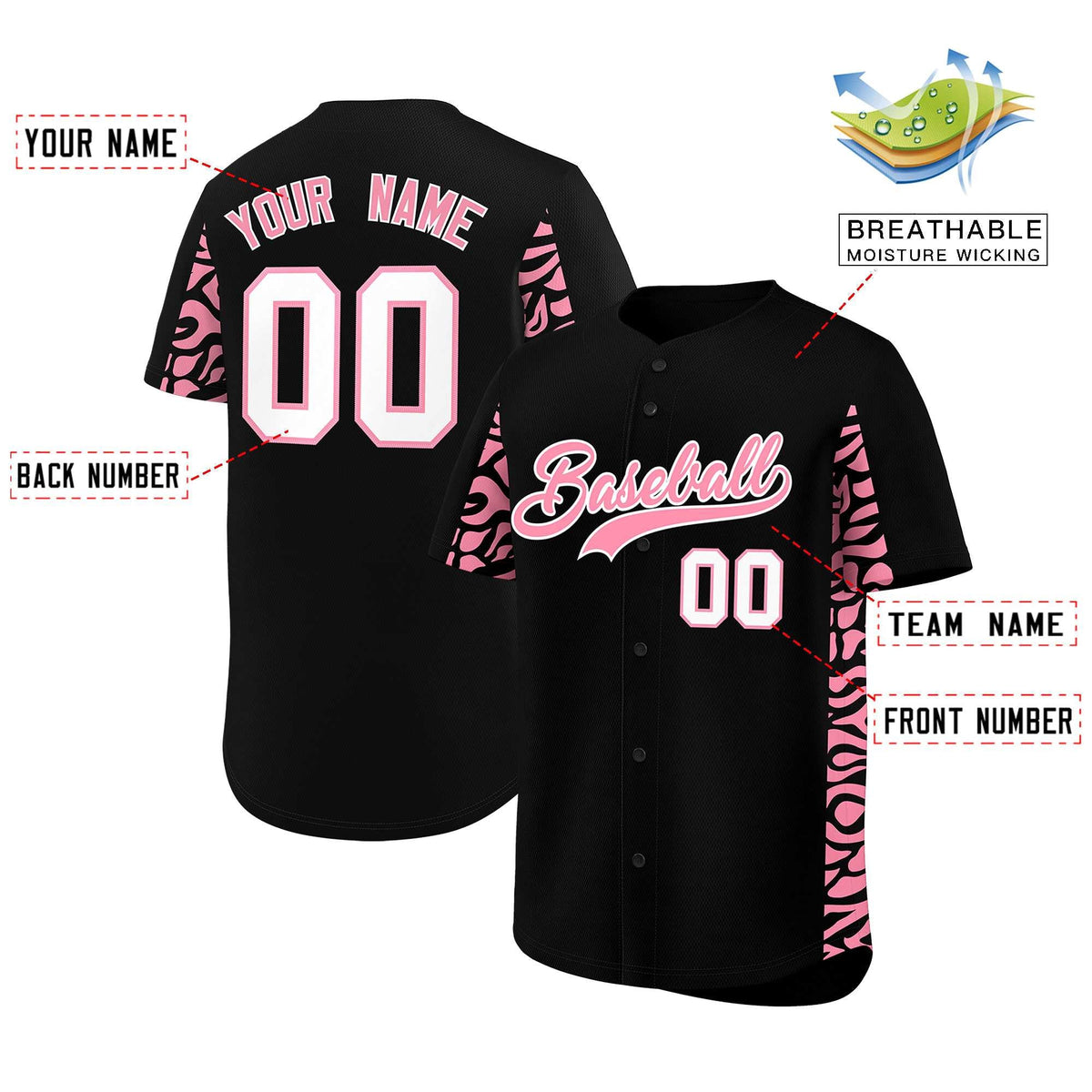 Custom Black Light Pink Personalized Leopard Graffiti Pattern Side Design Authentic Baseball Jersey