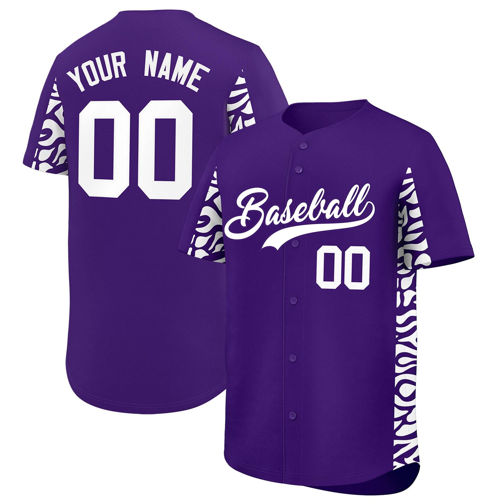 Custom Purple White Personalized Leopard Graffiti Pattern Side Design Authentic Baseball Jersey