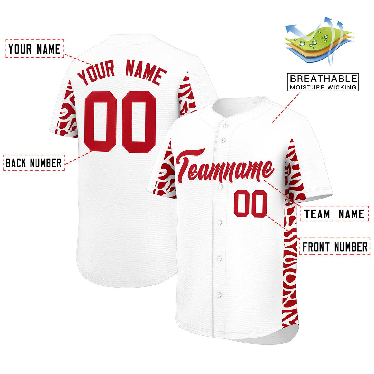 Custom White Red Personalized Leopard Graffiti Pattern Side Design Authentic Baseball Jersey