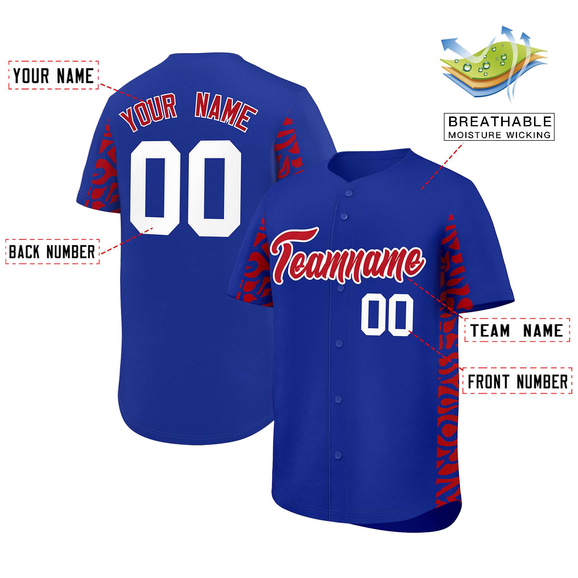 Custom Royal Red Personalized Leopard Graffiti Pattern Side Design Authentic Baseball Jersey