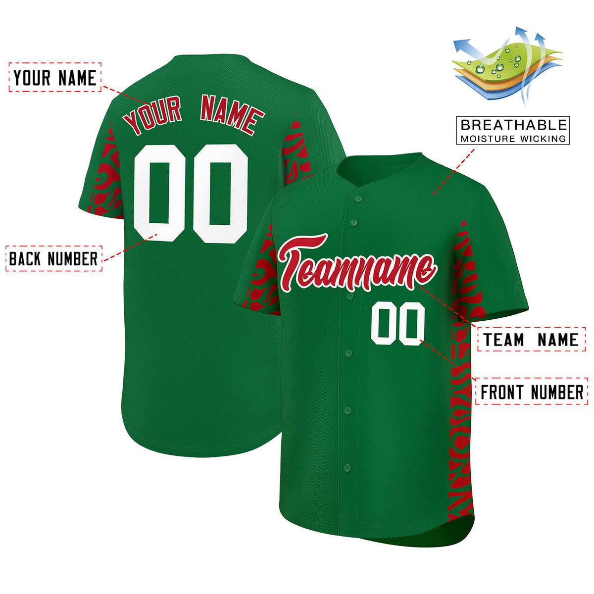 Custom Kelly Green Red Personalized Leopard Graffiti Pattern Side Design Authentic Baseball Jersey