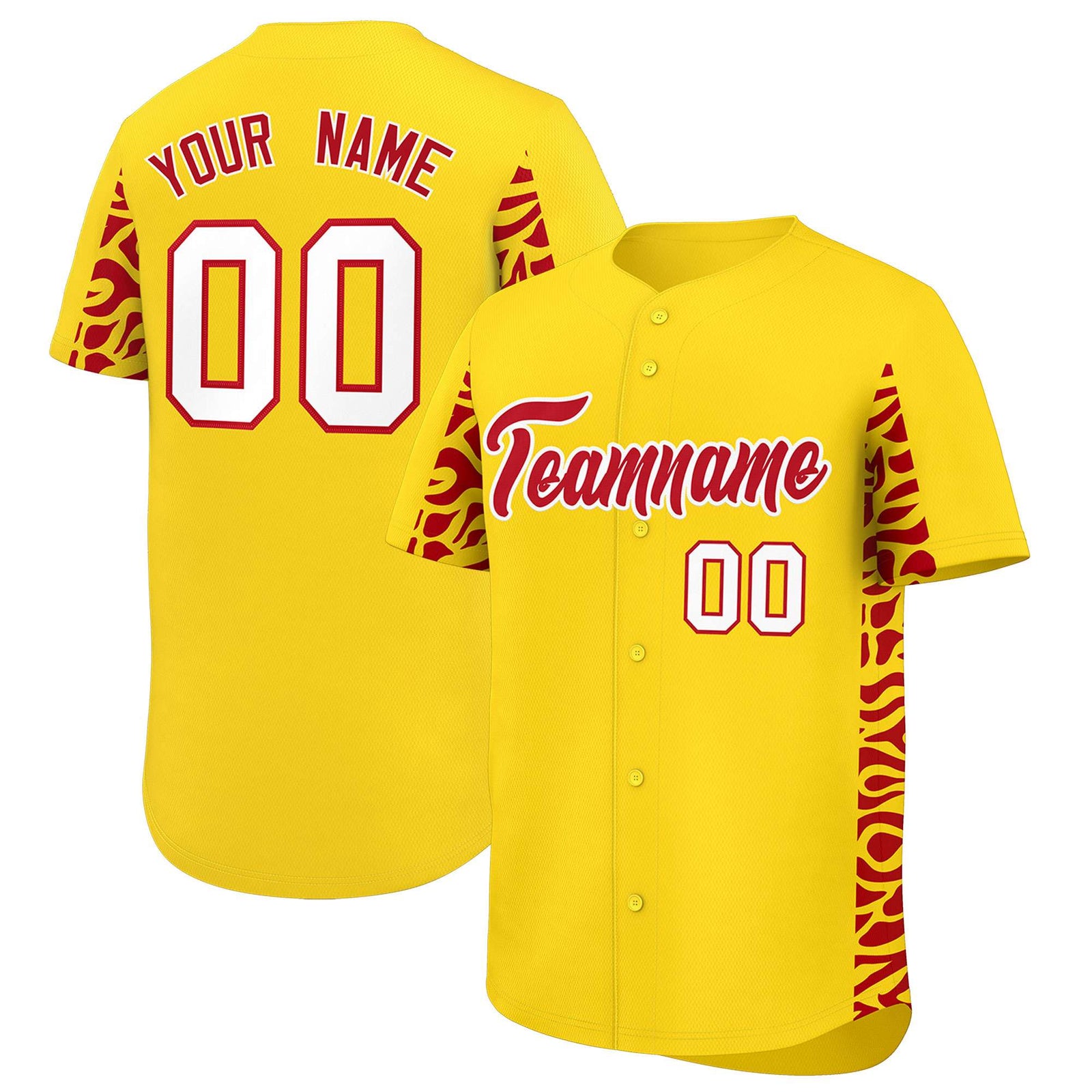 Custom Gold Red Personalized Leopard Graffiti Pattern Side Design Authentic Baseball Jersey