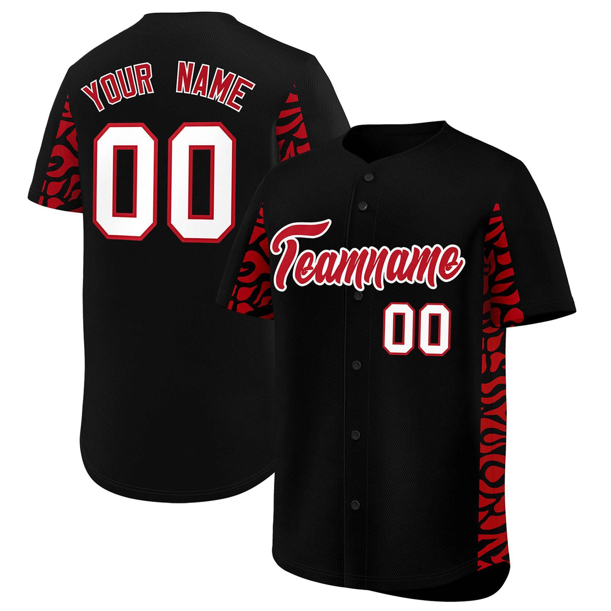 Custom Black Red Personalized Leopard Graffiti Pattern Side Design Authentic Baseball Jersey