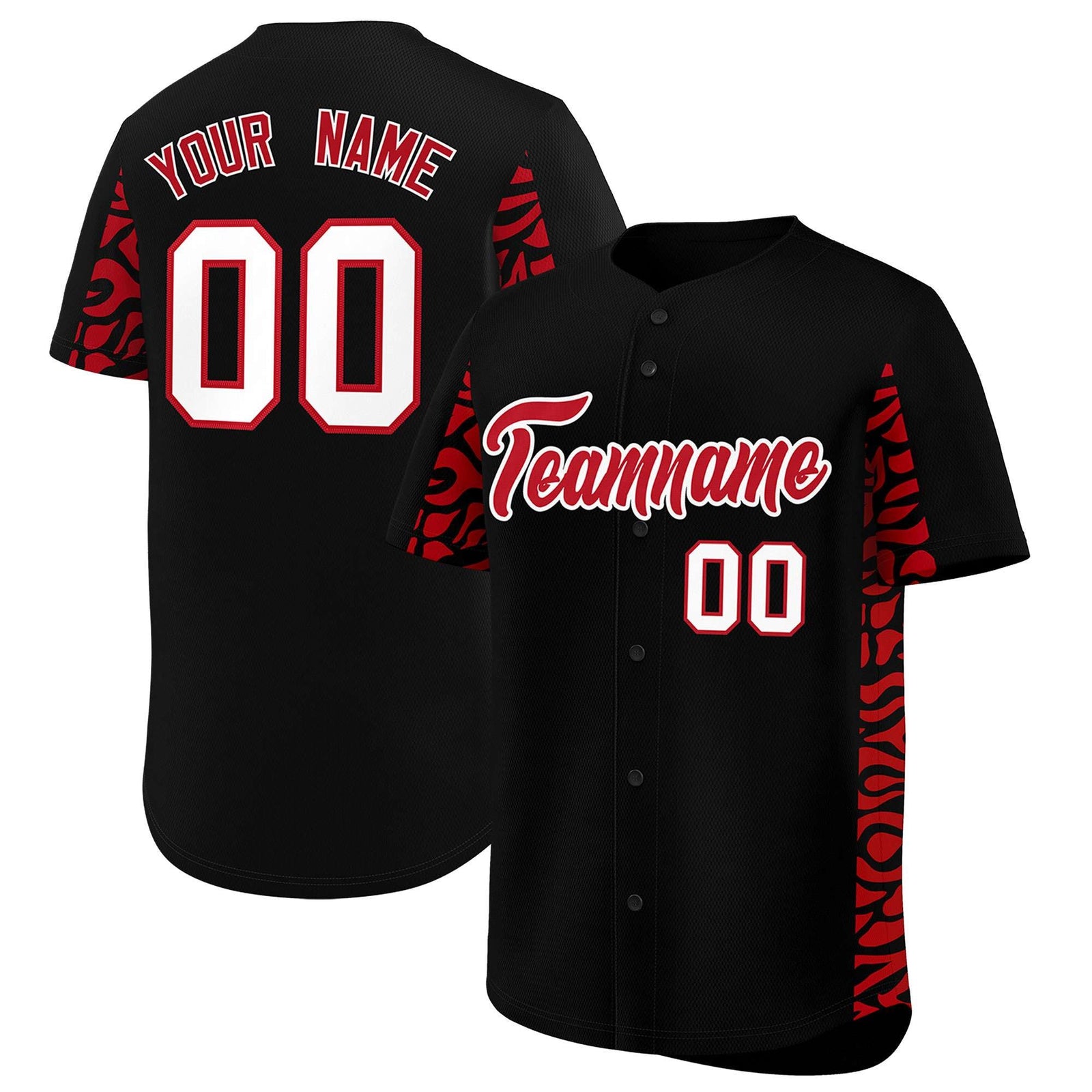 Custom Black Red Personalized Leopard Graffiti Pattern Side Design Authentic Baseball Jersey