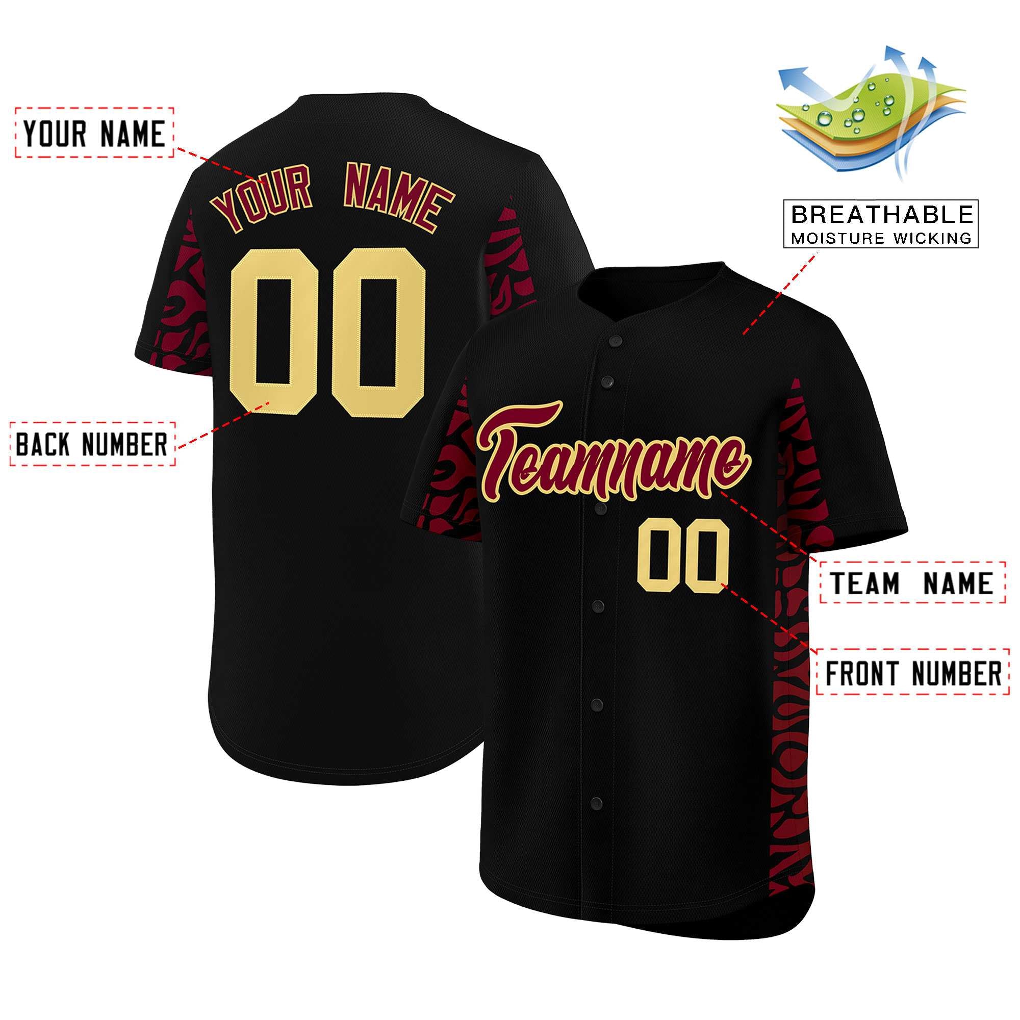 Custom Black Crimson Personalized Leopard Graffiti Pattern Side Design Authentic Baseball Jersey