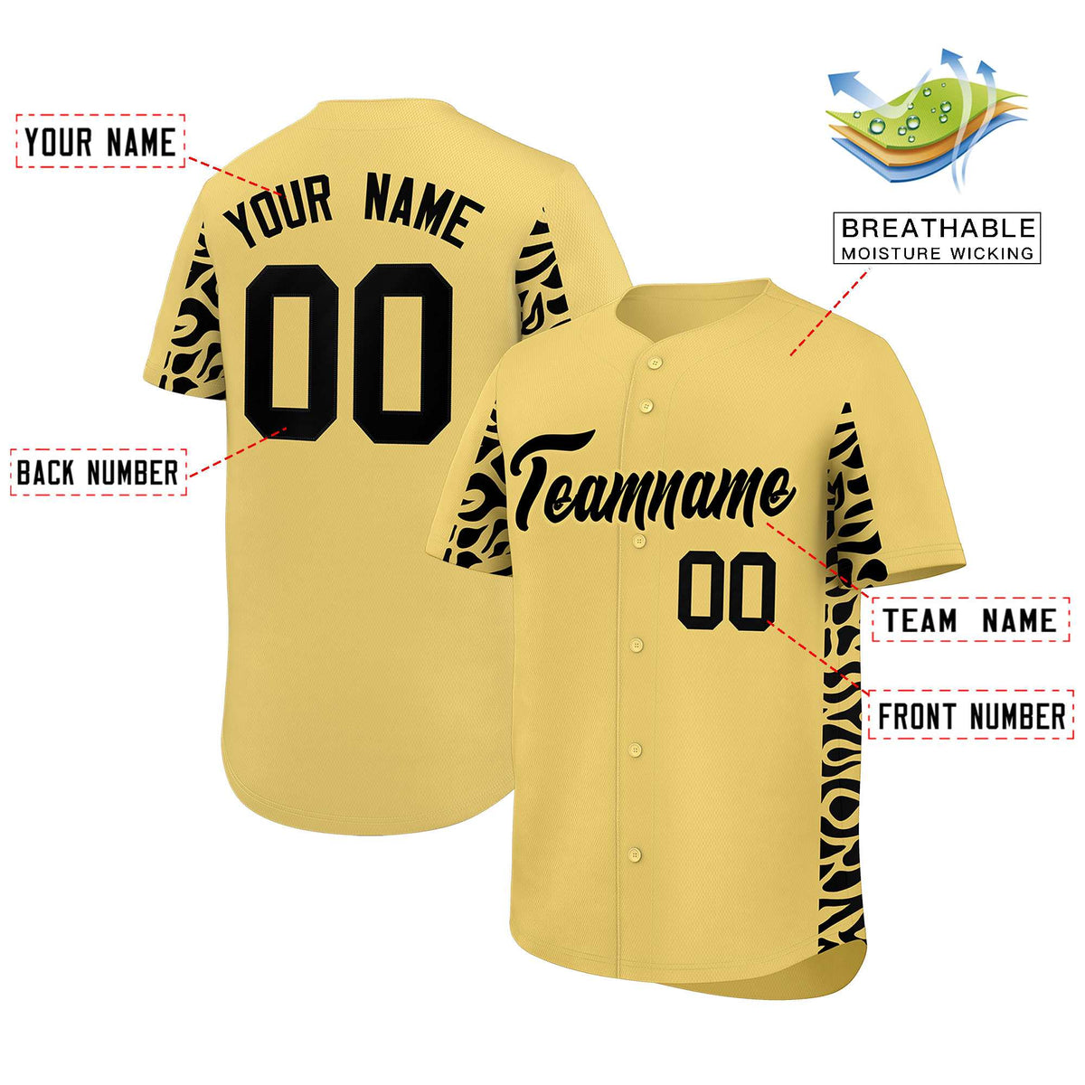 Custom Khaki Black Personalized Leopard Graffiti Pattern Side Design Authentic Baseball Jersey