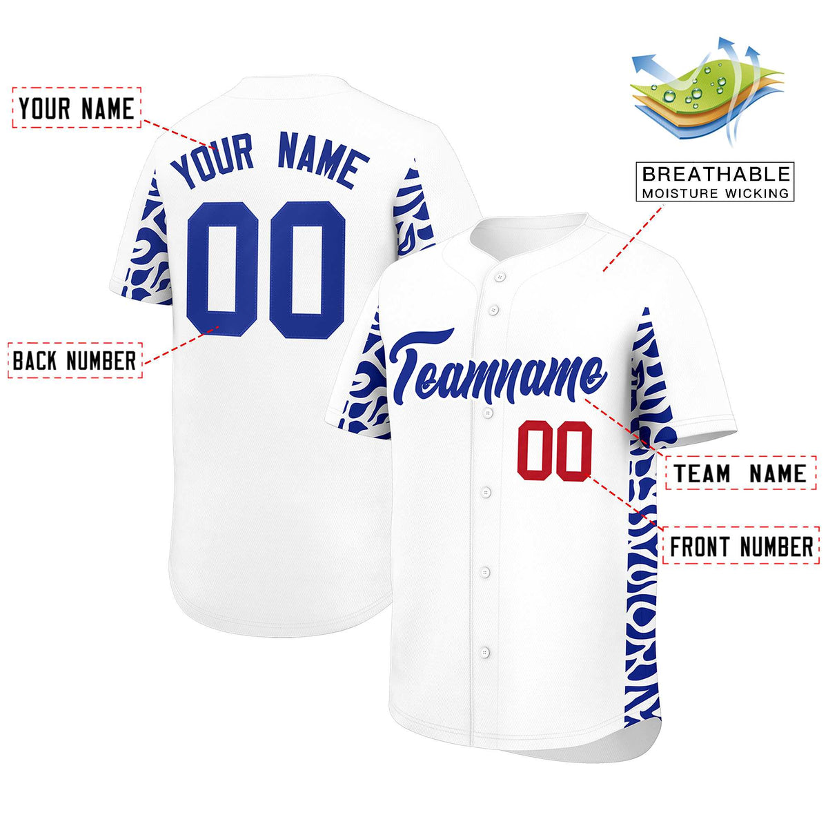 Custom White Royal Personalized Leopard Graffiti Pattern Side Design Authentic Baseball Jersey