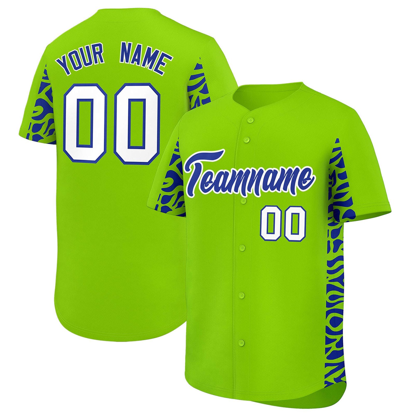 Custom Neon Green Royal Personalized Leopard Graffiti Pattern Side Design Authentic Baseball Jersey