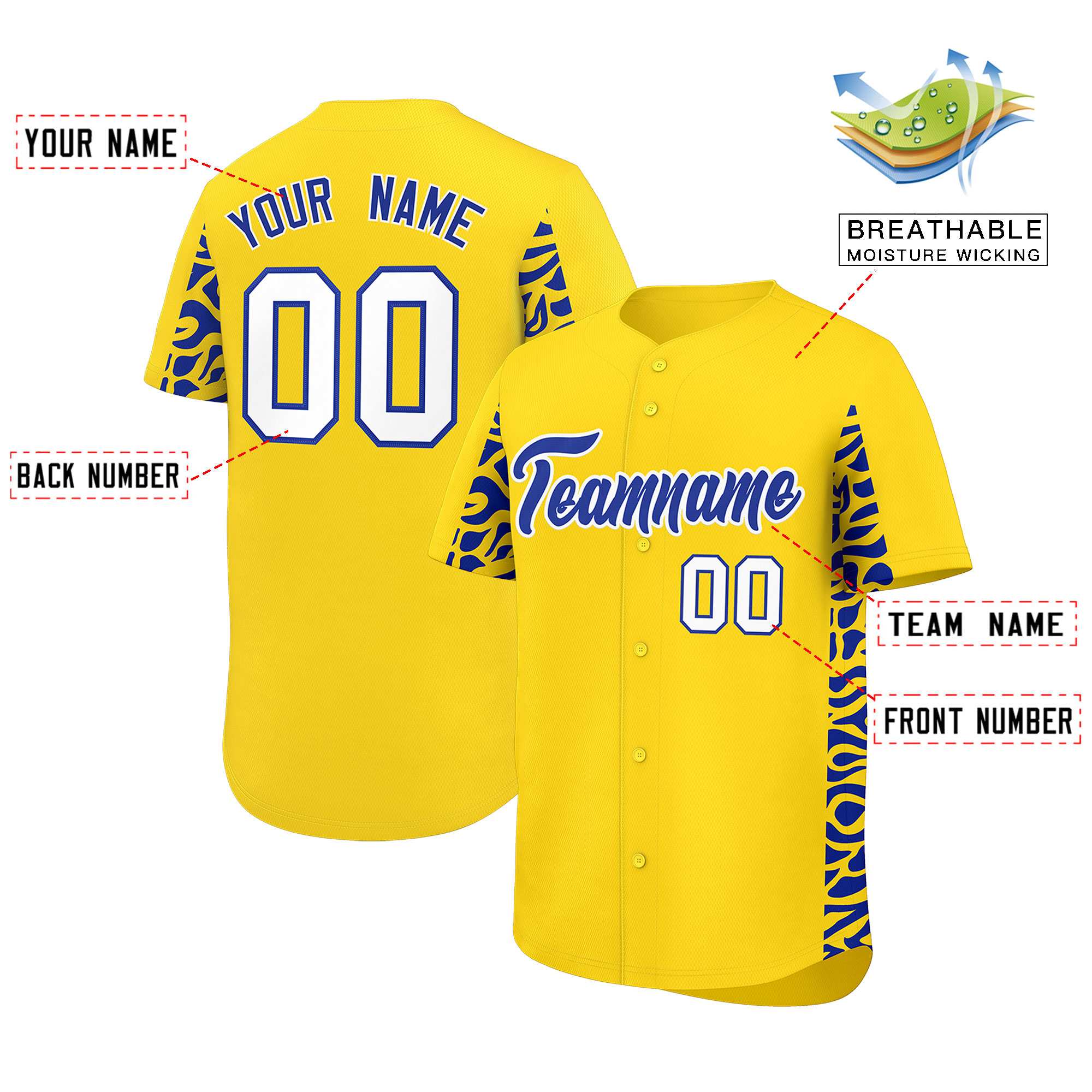 Custom Gold Royal Personalized Leopard Graffiti Pattern Side Design Authentic Baseball Jersey