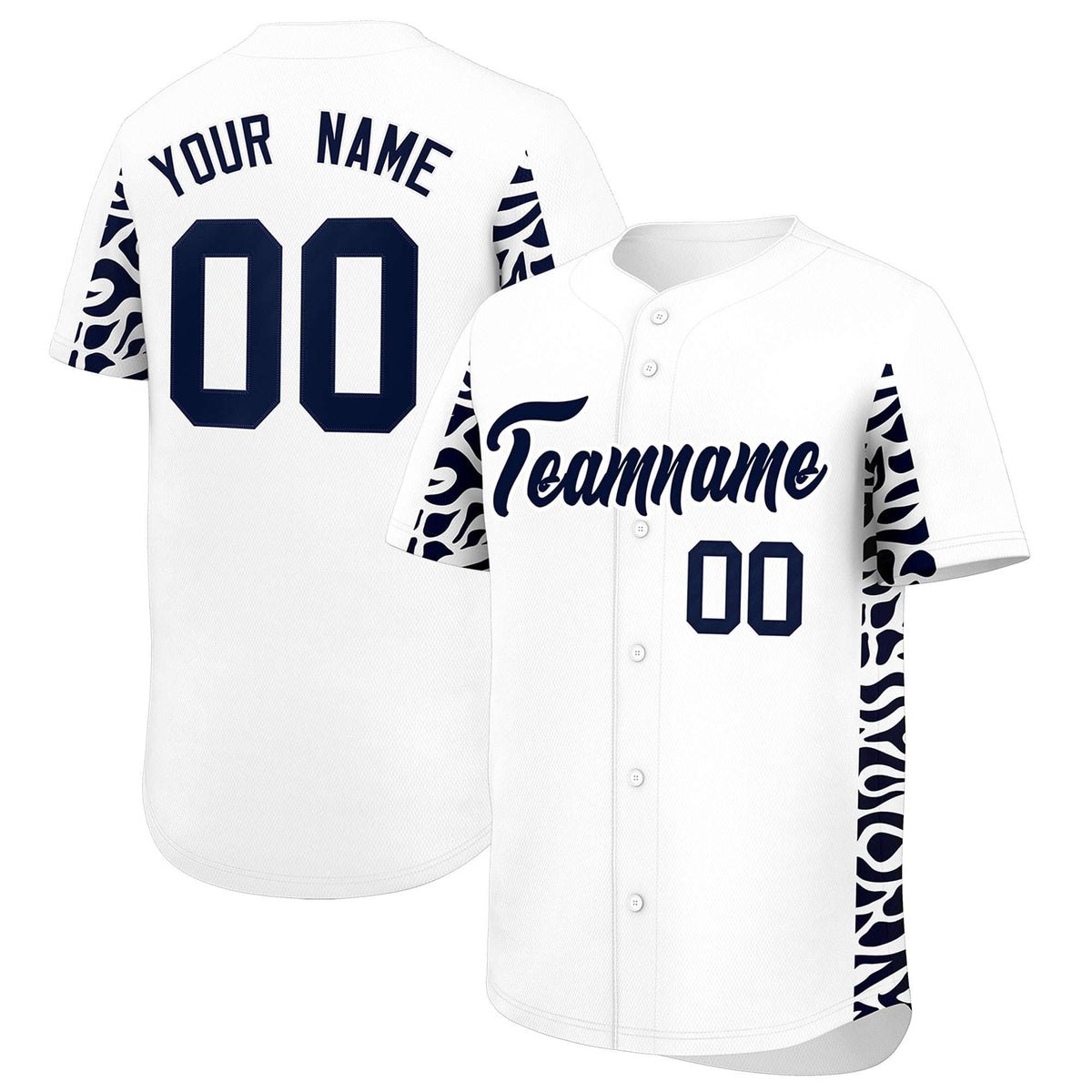 Custom White Navy Personalized Leopard Graffiti Pattern Side Design Authentic Baseball Jersey