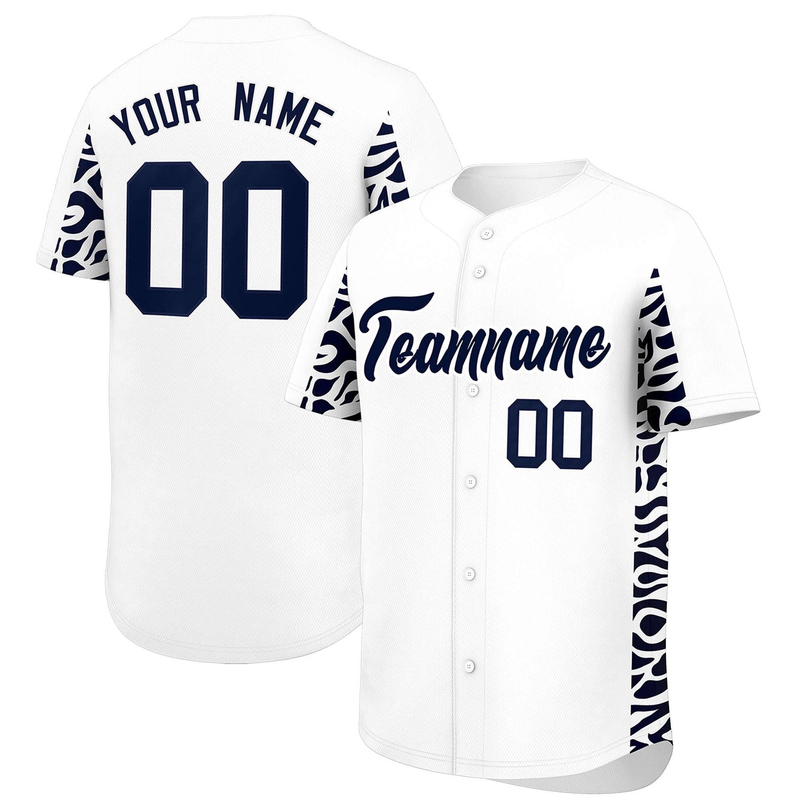 Custom White Navy Personalized Leopard Graffiti Pattern Side Design Authentic Baseball Jersey