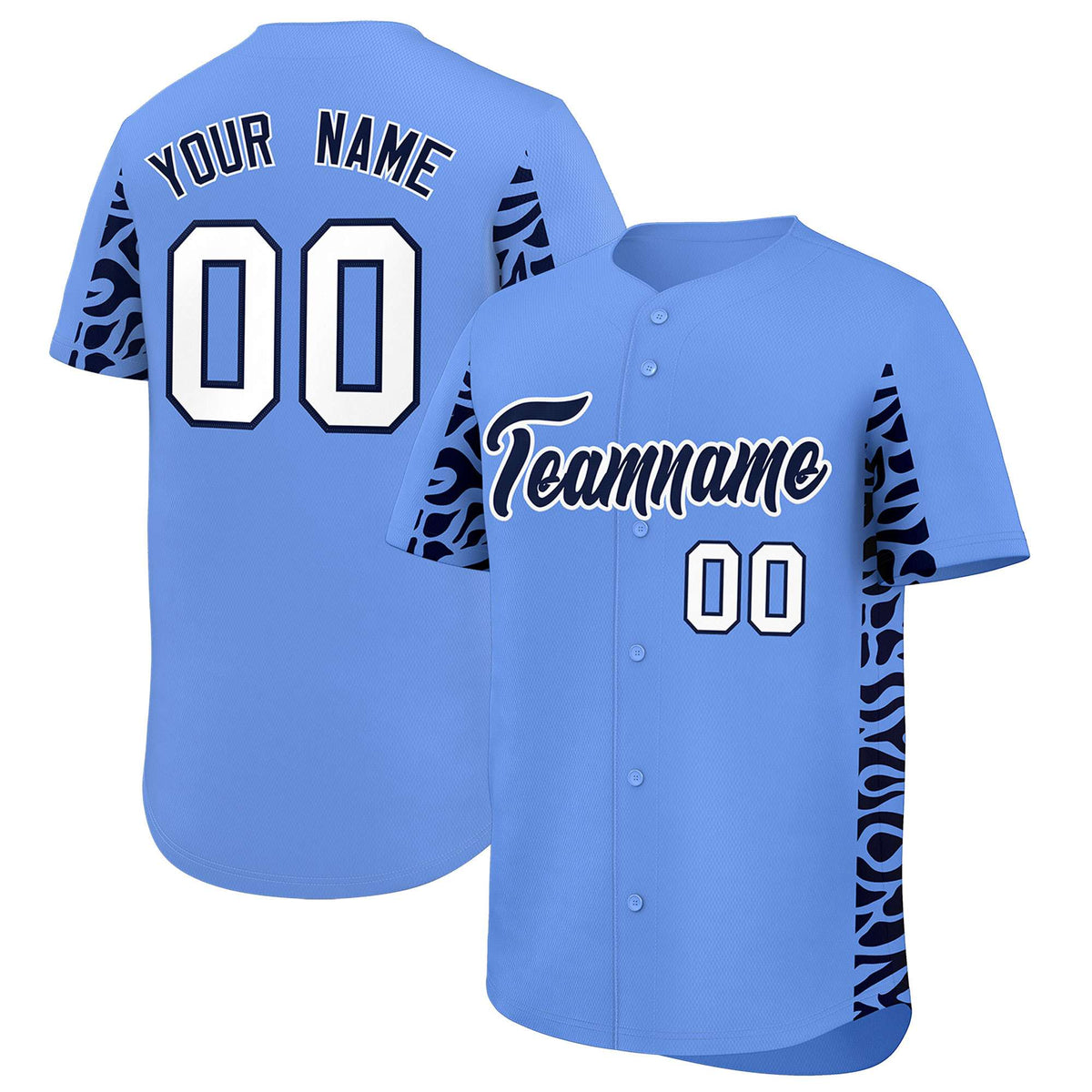 Custom Powder Blue Navy Personalized Leopard Graffiti Pattern Side Design Authentic Baseball Jersey