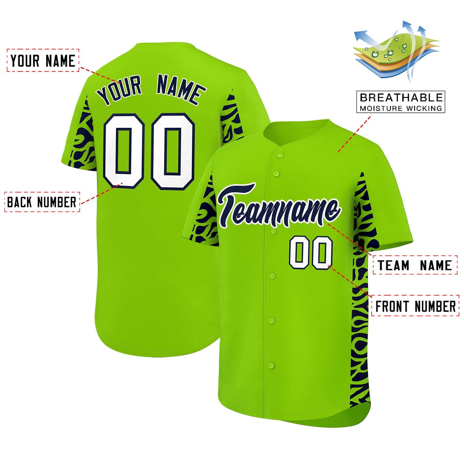 Custom Neon Green Navy Personalized Leopard Graffiti Pattern Side Design Authentic Baseball Jersey