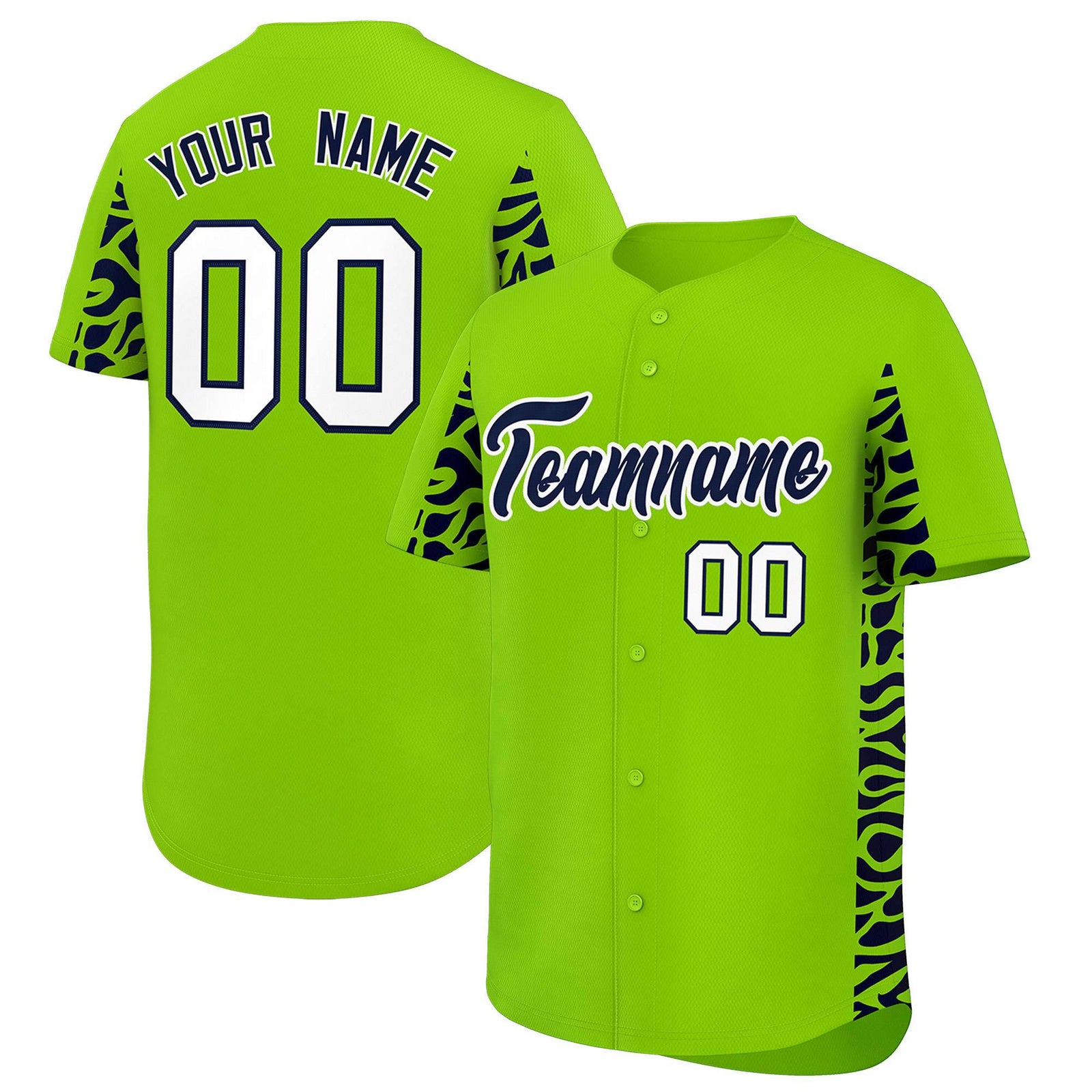 Custom Neon Green Navy Personalized Leopard Graffiti Pattern Side Design Authentic Baseball Jersey