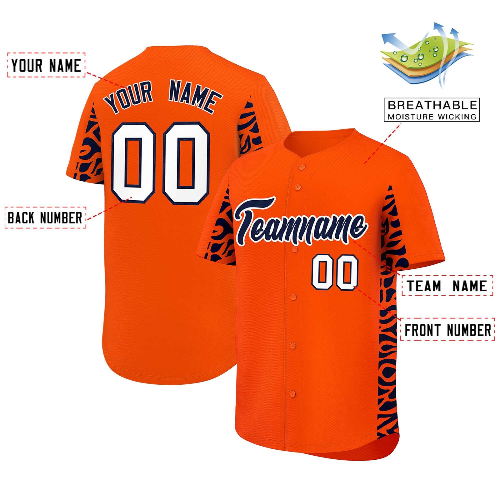 Custom Orange Navy Personalized Leopard Graffiti Pattern Side Design Authentic Baseball Jersey
